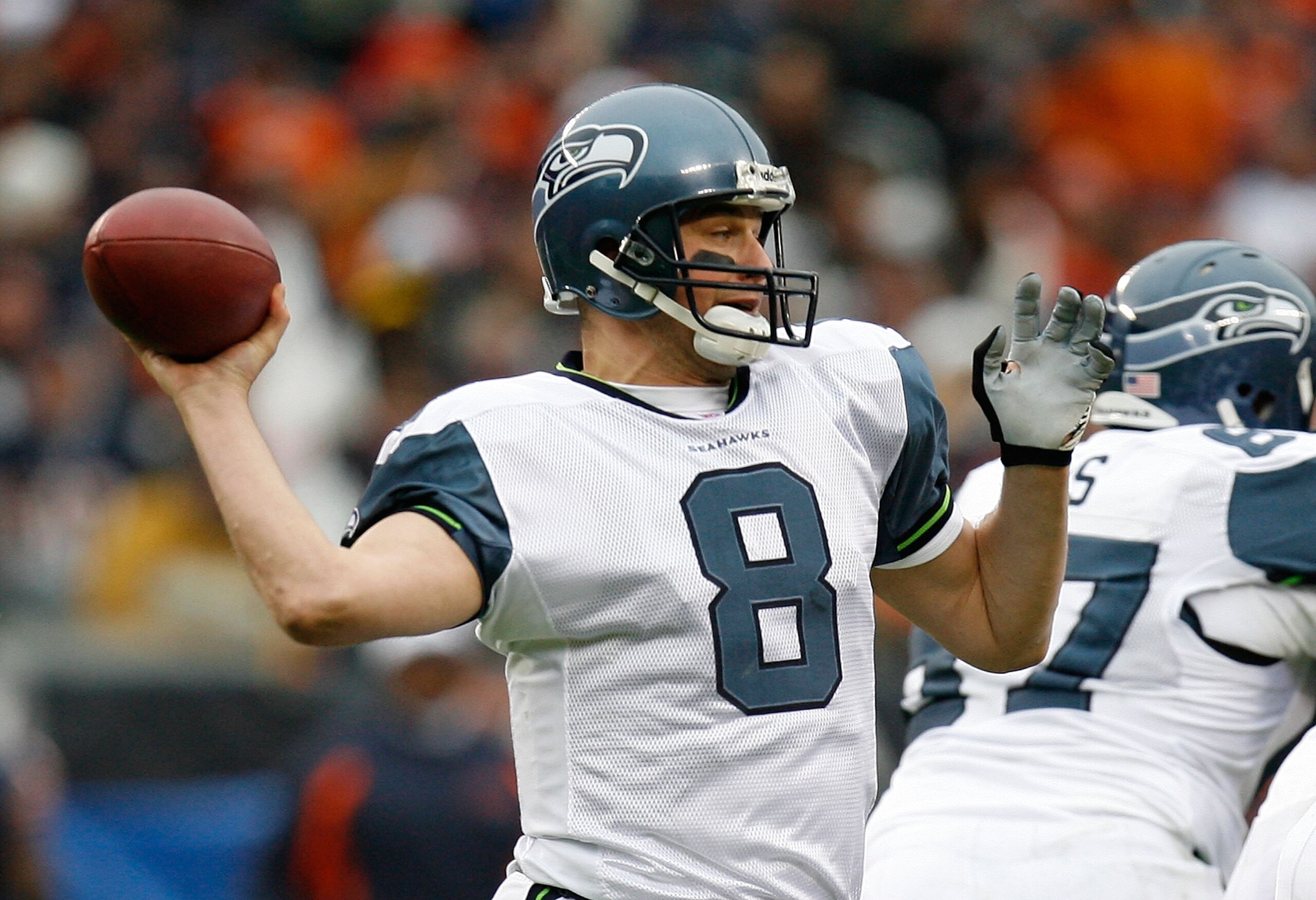 CHICAGO - JANUARY 14:  Quarterback Matt Haselbeck #8 of the Seattle Seahawks throws a pass against the Chicago Bears during their NFC Divisional Playoff Game January 14, 2007 at Soldier Field in Chicago, Illinois.  (Photo by Gregory Shamus/Getty Images)