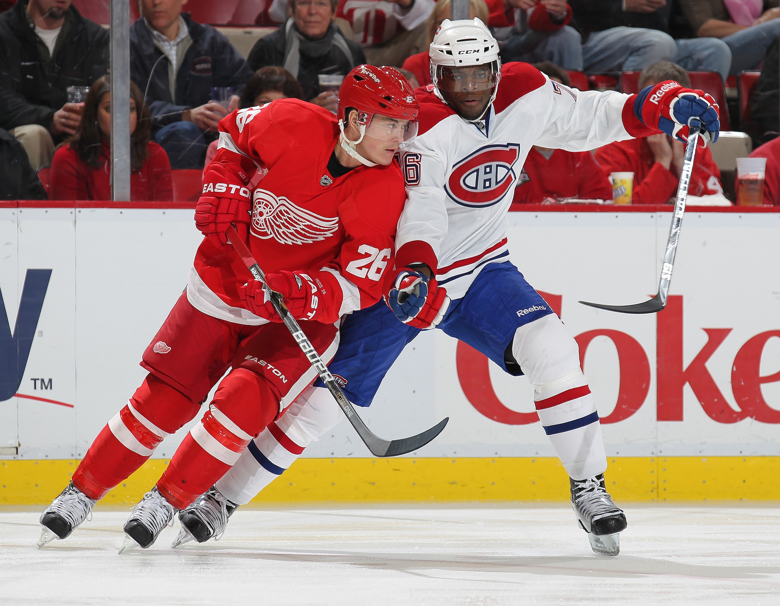 DETROIT,MI - DECEMBER 10:  P.K. Subban #76 of the Montreal Canadiens tries to hold up Jiri Hudler #26 of the Detroit Red Wings in a game on December 10, 2010 at the Joe Louis Arena in Detroit, Michigan. (Photo by Claus Andersen/Getty Images)