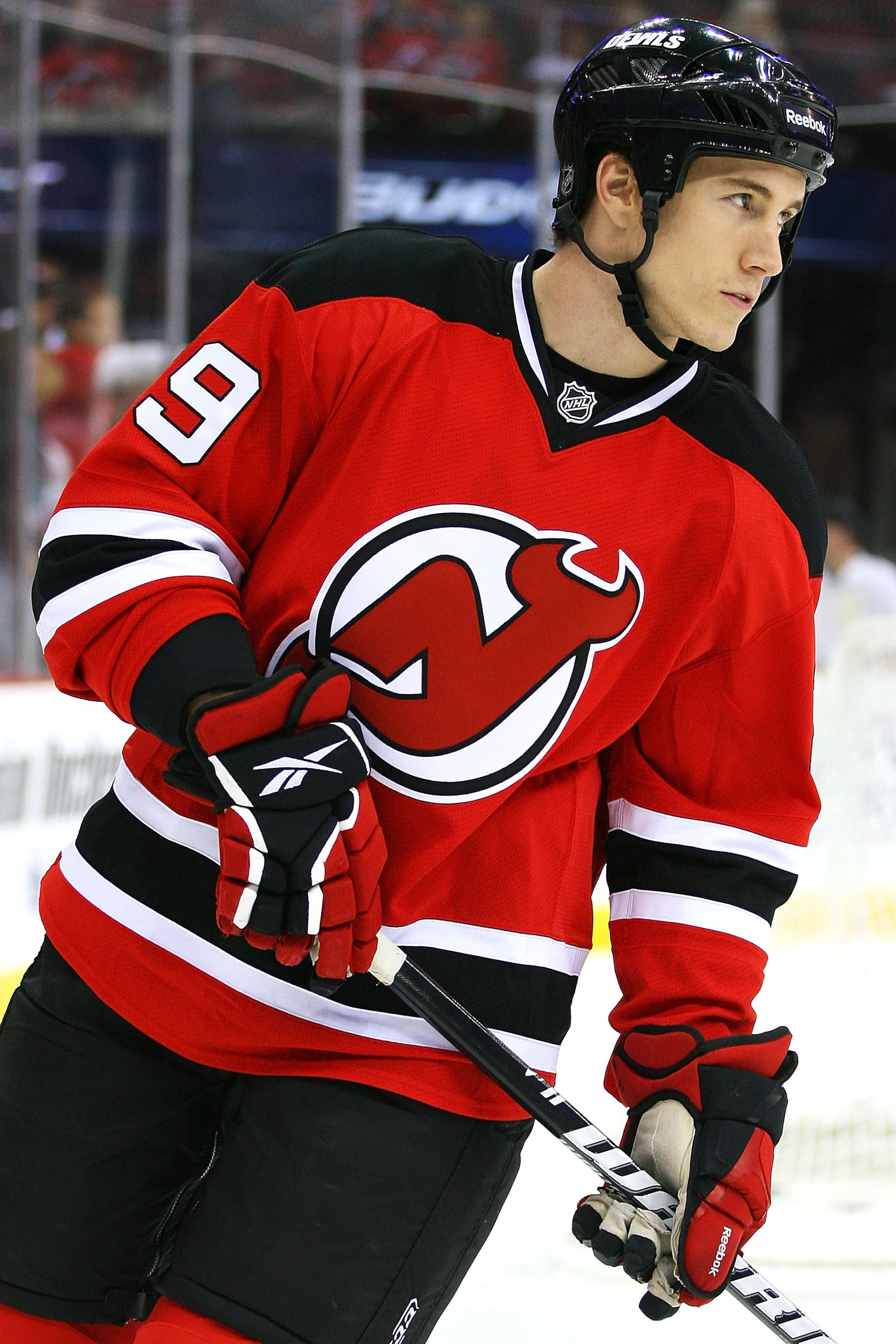 NEWARK, NJ - OCTOBER 23:  Zach Parise #9 of the New Jersey Devils warms up before a game against the Buffalo Sabres on October 23, 2010 at the Prudential Center in Newark, New Jersey. The Sabres defeated the Devils 6 - 1.  (Photo by Andrew Burton/Getty Im