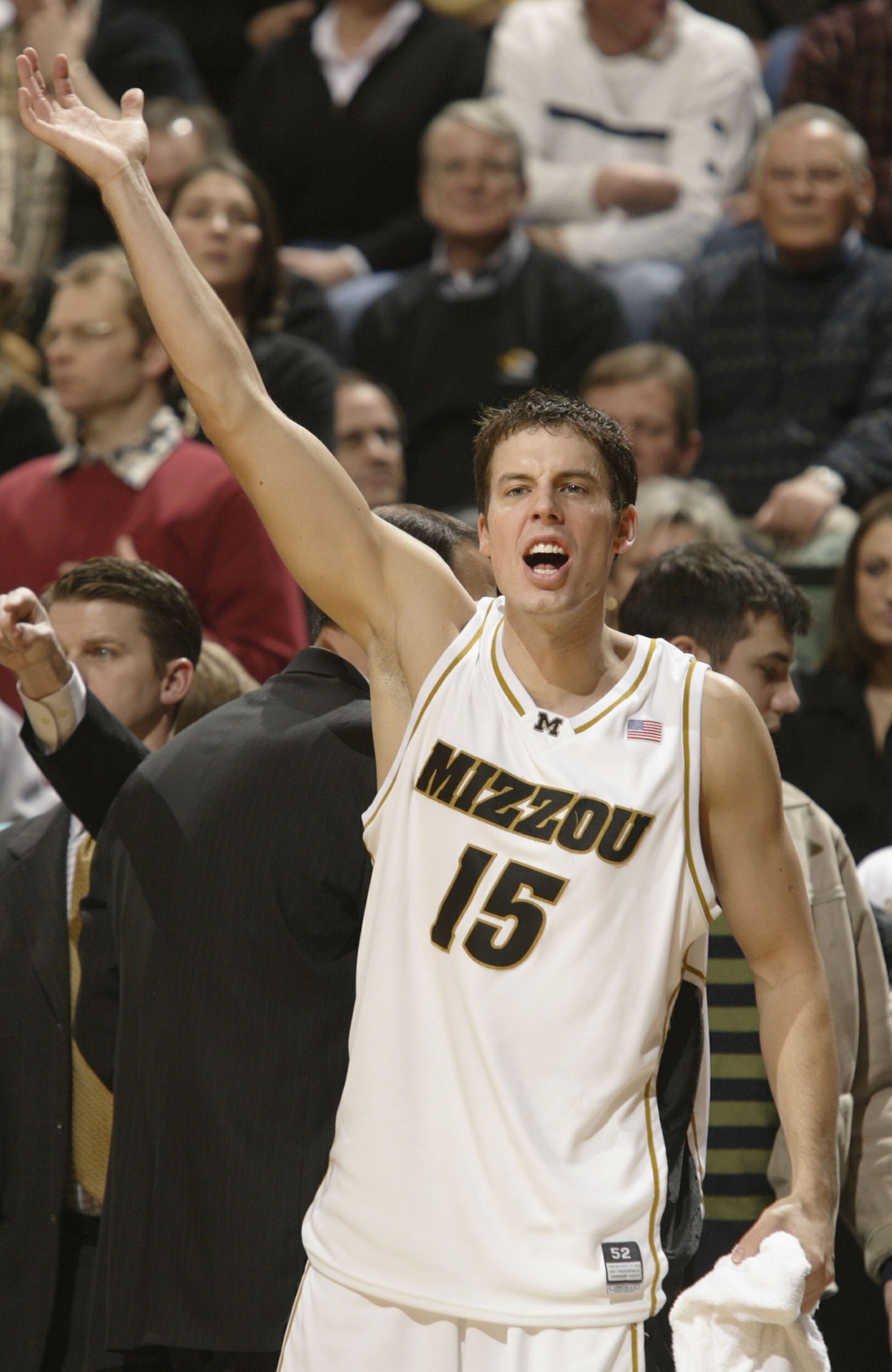 COLUMBIA, MO - JANUARY 20:  Josh Kroenke #15 of the Missouri Tigers encourages his teammates in the first half against the Texas Long Horns on January 20, 2004 at the Hearnes Center in Columbia, Missouri.  (Photo by Elsa/Getty Images)
