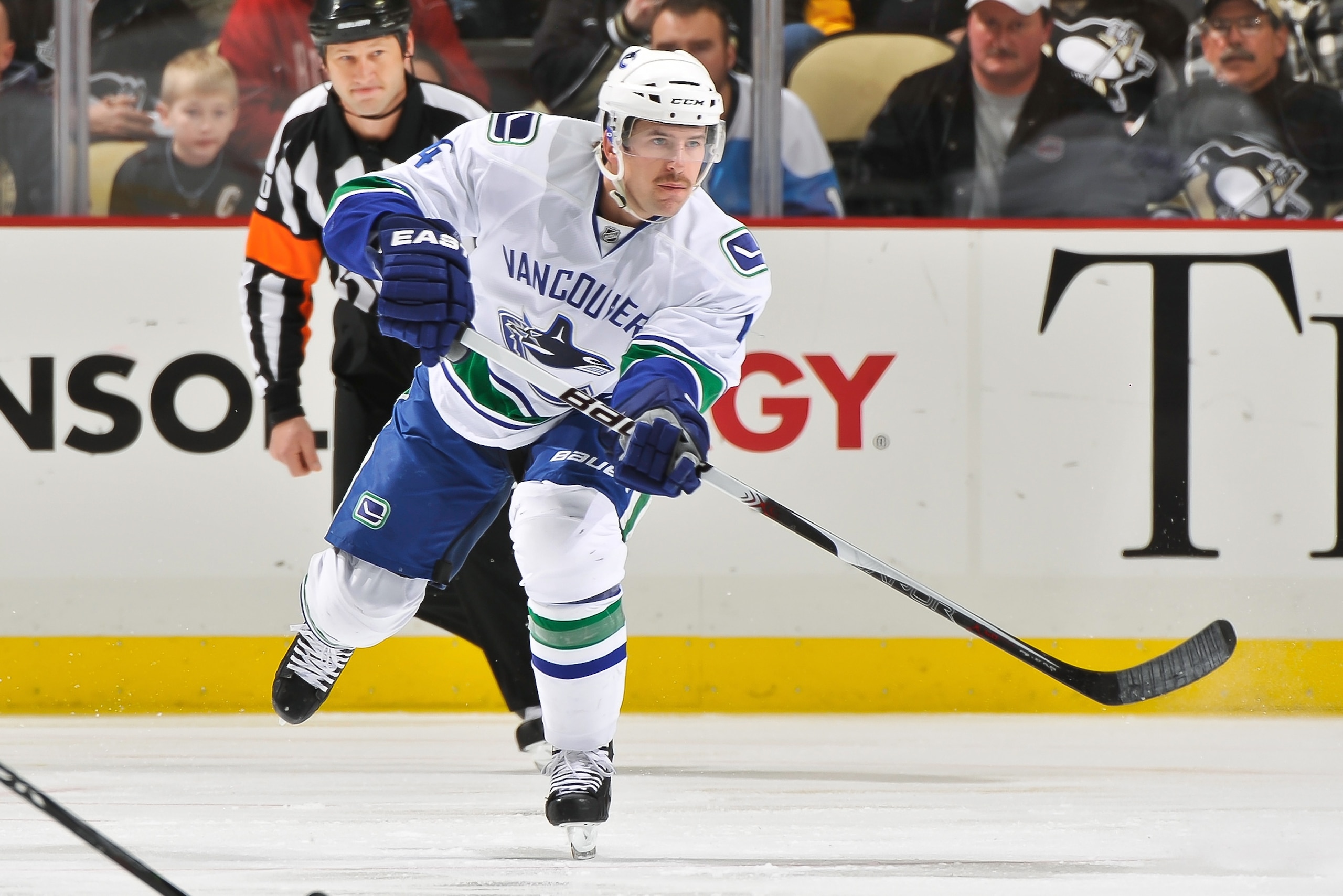PITTSBURGH - NOVEMBER 17:  Keith Ballard #4 of the Vancouver Canucks skates against the Pittsburgh Penguins on November 17, 2010 at Consol Energy Center in Pittsburgh, Pennsylvania.  (Photo by Jamie Sabau/Getty Images)