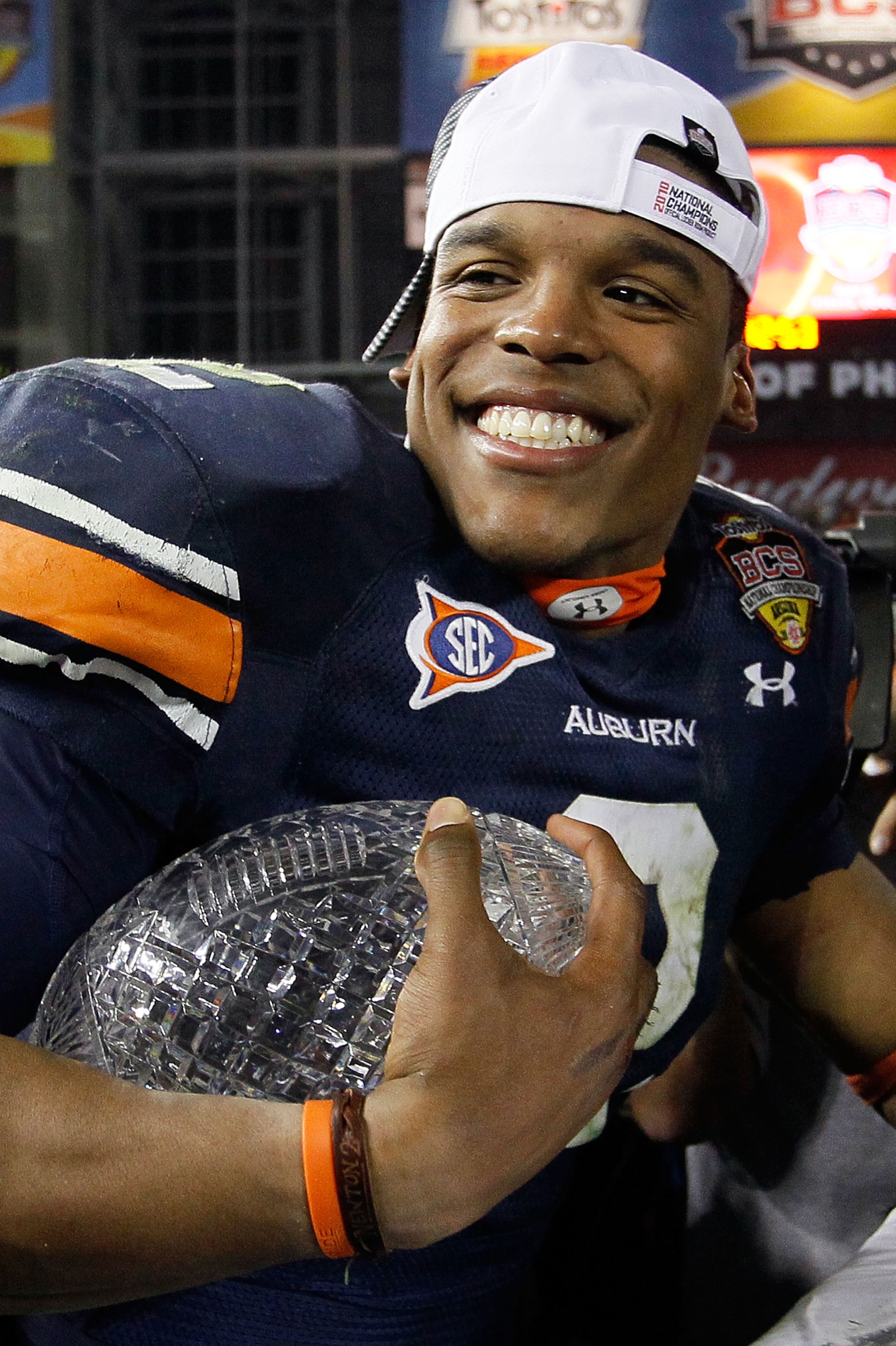 GLENDALE, AZ - JANUARY 10:  Quarterback Cameron Newton #2 of the Auburn Tigers celebrates the Tigers 22-19 victory against the Oregon Ducks in the Tostitos BCS National Championship Game at University of Phoenix Stadium on January 10, 2011 in Glendale, Ar