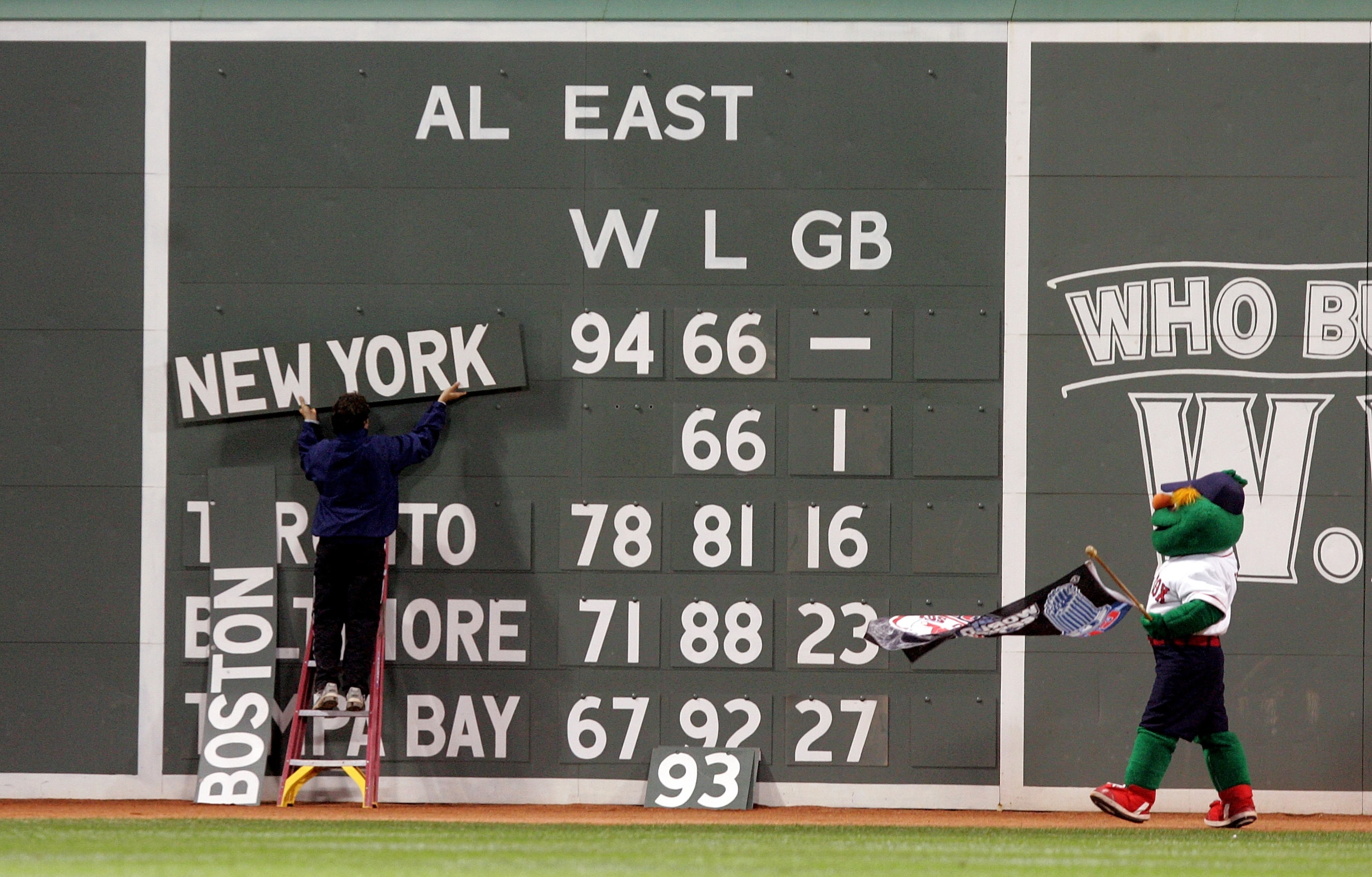BOSTON - SEPTEMBER 30:  A field worker takes down the New York Yankee sign to replace it with the Boston Red Sox for the lead in the AL East after the Red Sox defeated the Yankees 5-3 at Fenway Park on September 30, 2005 in Boston, Massachusetts.  (Photo