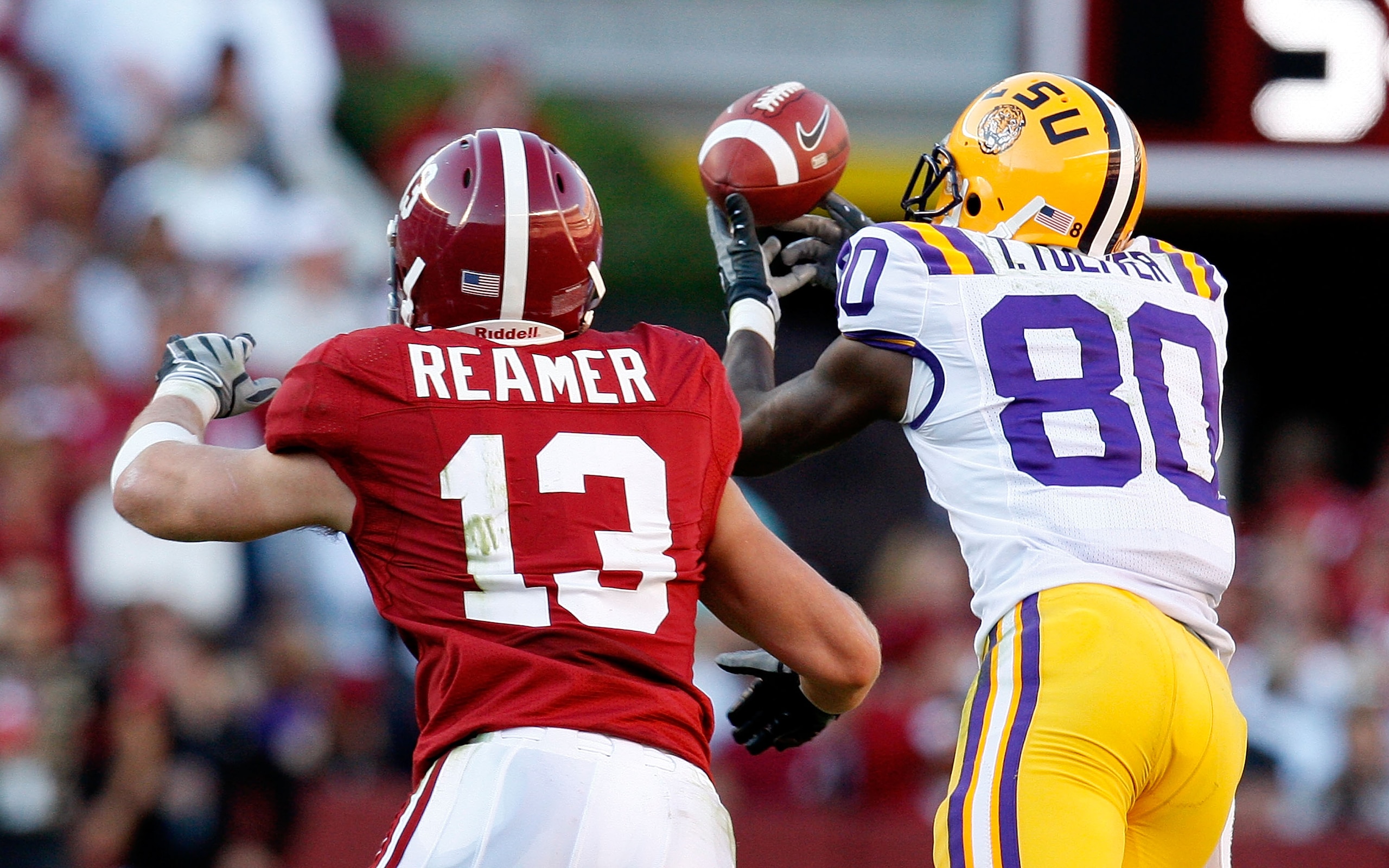 TUSCALOOSA, AL - NOVEMBER 07: Terrance Toliver #80 of the Louisiana State University Tigers fails to pull in this reception against Cory Reamer #13 of the Alabama Crimson Tide at Bryant-Denny Stadium on November 7, 2009 in Tuscaloosa, Alabama. (Photo by TUSCALOOSA, AL - NOVEMBER 07: Terrance Toliver #80 of the Louisiana State University Tigers fails to pull in this reception against Cory Reamer #13 of the Alabama Crimson Tide at Bryant-Denny Stadium on November 7, 2009 in Tuscaloosa, Alabama. (Photo by