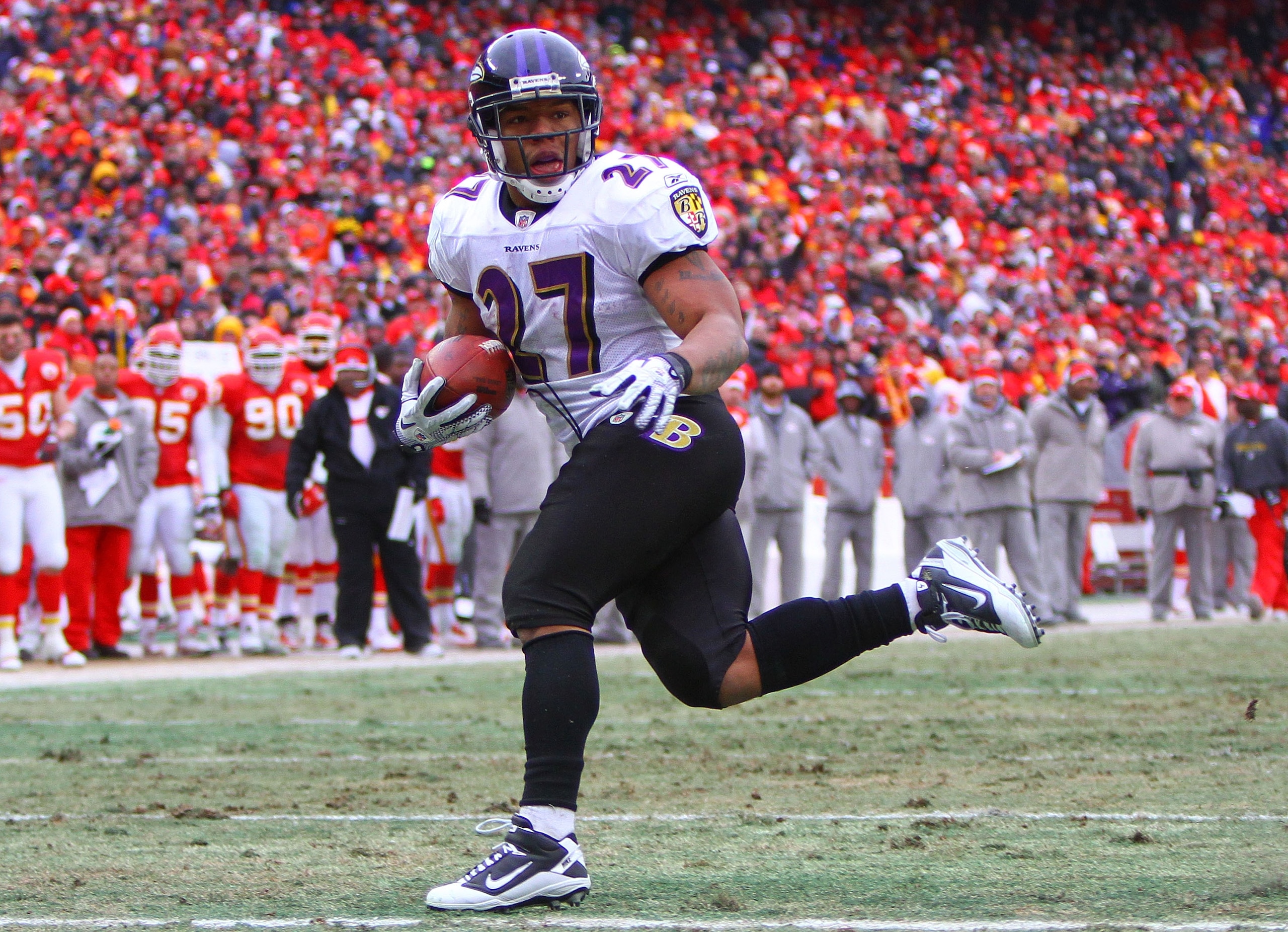 KANSAS CITY, MO - JANUARY 09: Running back Ray Rice #27 of the Baltimore Ravens scores a touchdown against the Kansas City Chiefs in the second quarter of their 2011 AFC wild card playoff game at Arrowhead Stadium on January 9, 2011 in Kansas City, Misso KANSAS CITY, MO - JANUARY 09: Running back Ray Rice #27 of the Baltimore Ravens scores a touchdown against the Kansas City Chiefs in the second quarter of their 2011 AFC wild card playoff game at Arrowhead Stadium on January 9, 2011 in Kansas City, Misso