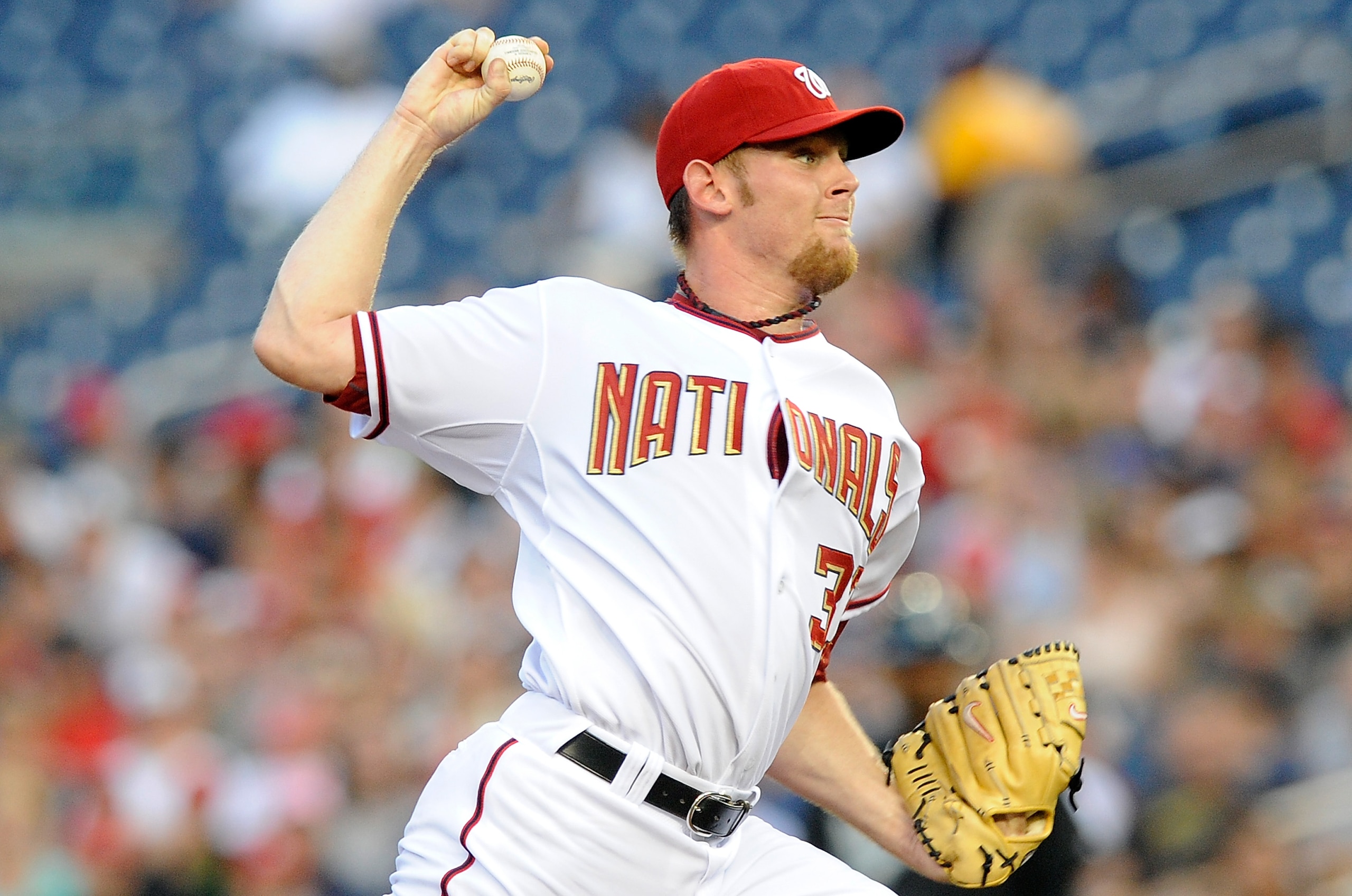 WASHINGTON - AUGUST 10:  Stephen Strasburg #37 of the Washington Nationals pitches against the Florida Marlins at Nationals Park on August 10, 2010 in Washington, DC.  (Photo by Greg Fiume/Getty Images)