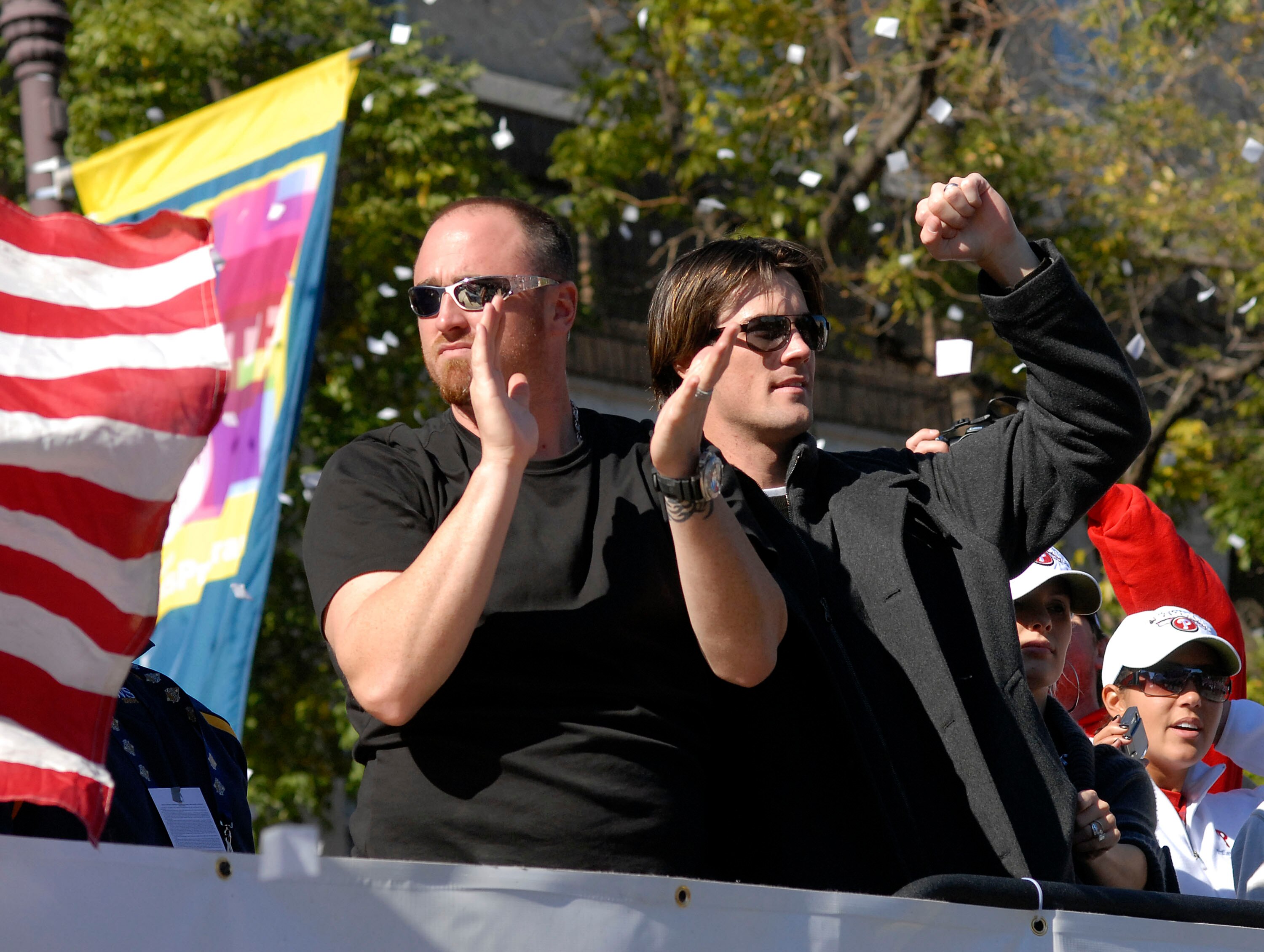 PHILADELPHIA, PA - OCTOBER 31: Brett Myers (L) of the Philadelphia Phillies and teammate Cole Hamels wave to the crowd during the World Championship Parade October 31, 2008 in Philadelphia, Pennsylvania. The Phillies defeated the Tampa Bay Rays to win the
