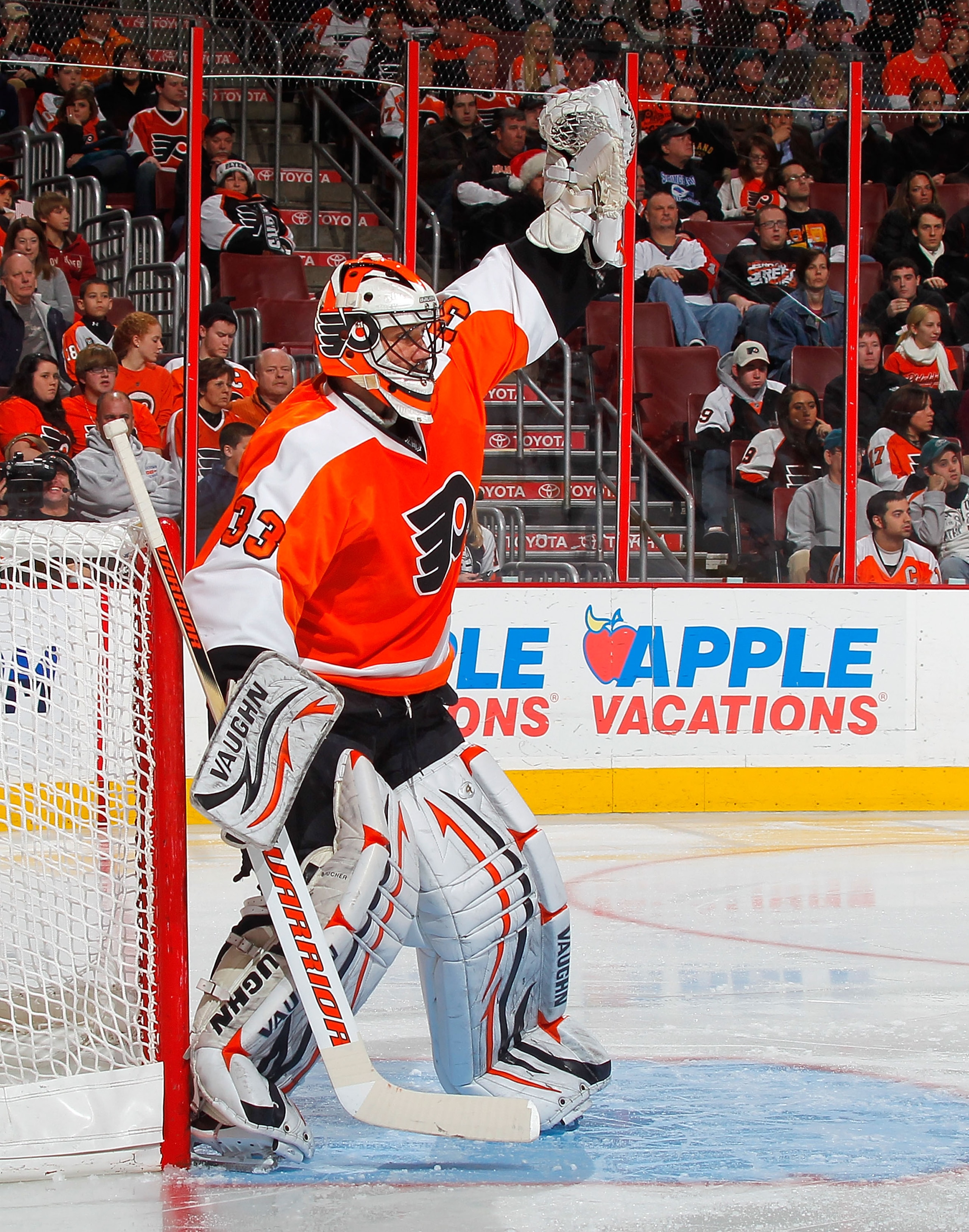 PHILADELPHIA, PA - DECEMBER 20:  Brian Boucher #33 of the Philadelphia Flyers signals for an icing call in a hockey game against the Florida Panthers at the Wells Fargo Center  on December 20, 2010 in Philadelphia, Pennsylvania.  (Photo by Paul Bereswill/
