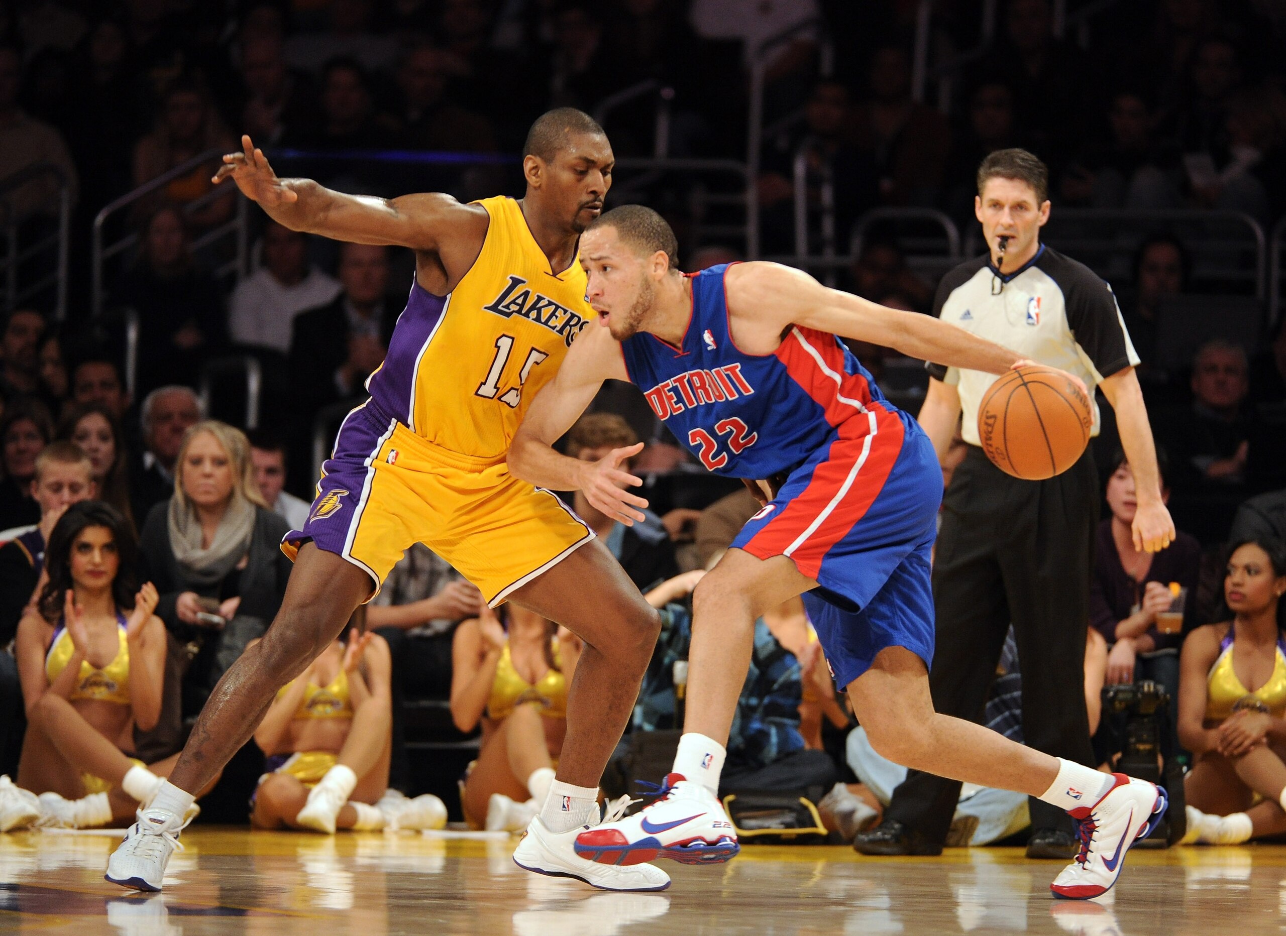 LOS ANGELES, CA - JANUARY 04: Tayshaun Prince #22 of the Detroit Pistons dribbles in front of Ron Artest #15 of the Los Angeles Lakers during a 108-83 Laker win at the Staples Center on January 4, 2011 in Los Angeles, California. NOTE TO USER: User expre LOS ANGELES, CA - JANUARY 04: Tayshaun Prince #22 of the Detroit Pistons dribbles in front of Ron Artest #15 of the Los Angeles Lakers during a 108-83 Laker win at the Staples Center on January 4, 2011 in Los Angeles, California. NOTE TO USER: User expre