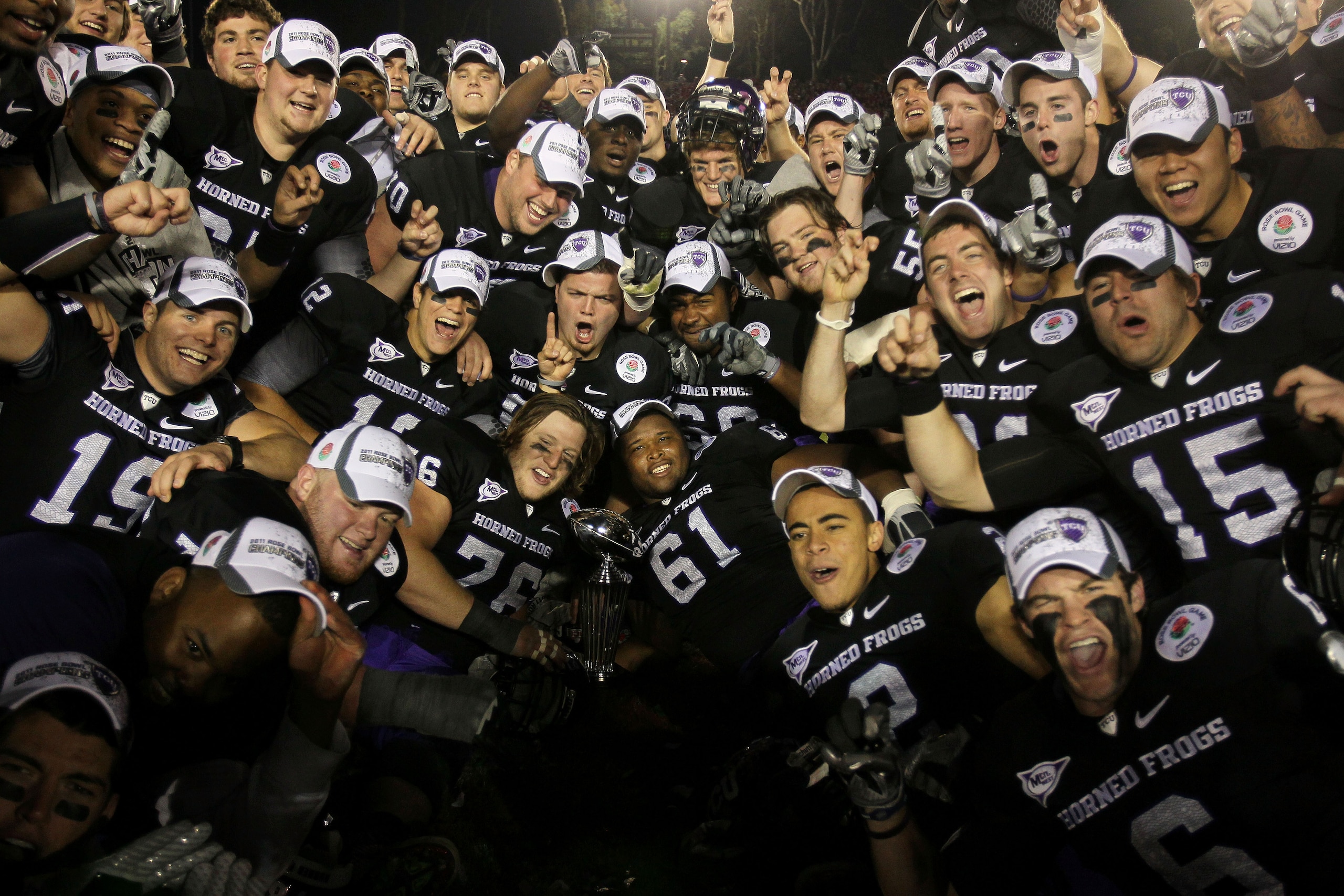 PASADENA, CA - JANUARY 01: The TCU Horned Frogs celebrate after defeating the Wisconsin Badgers 21-19 in the 97th Rose Bowl game on January 1, 2011 in Pasadena, California. (Photo by Jeff Gross/Getty Images) PASADENA, CA - JANUARY 01: The TCU Horned Frogs celebrate after defeating the Wisconsin Badgers 21-19 in the 97th Rose Bowl game on January 1, 2011 in Pasadena, California. (Photo by Jeff Gross/Getty Images)