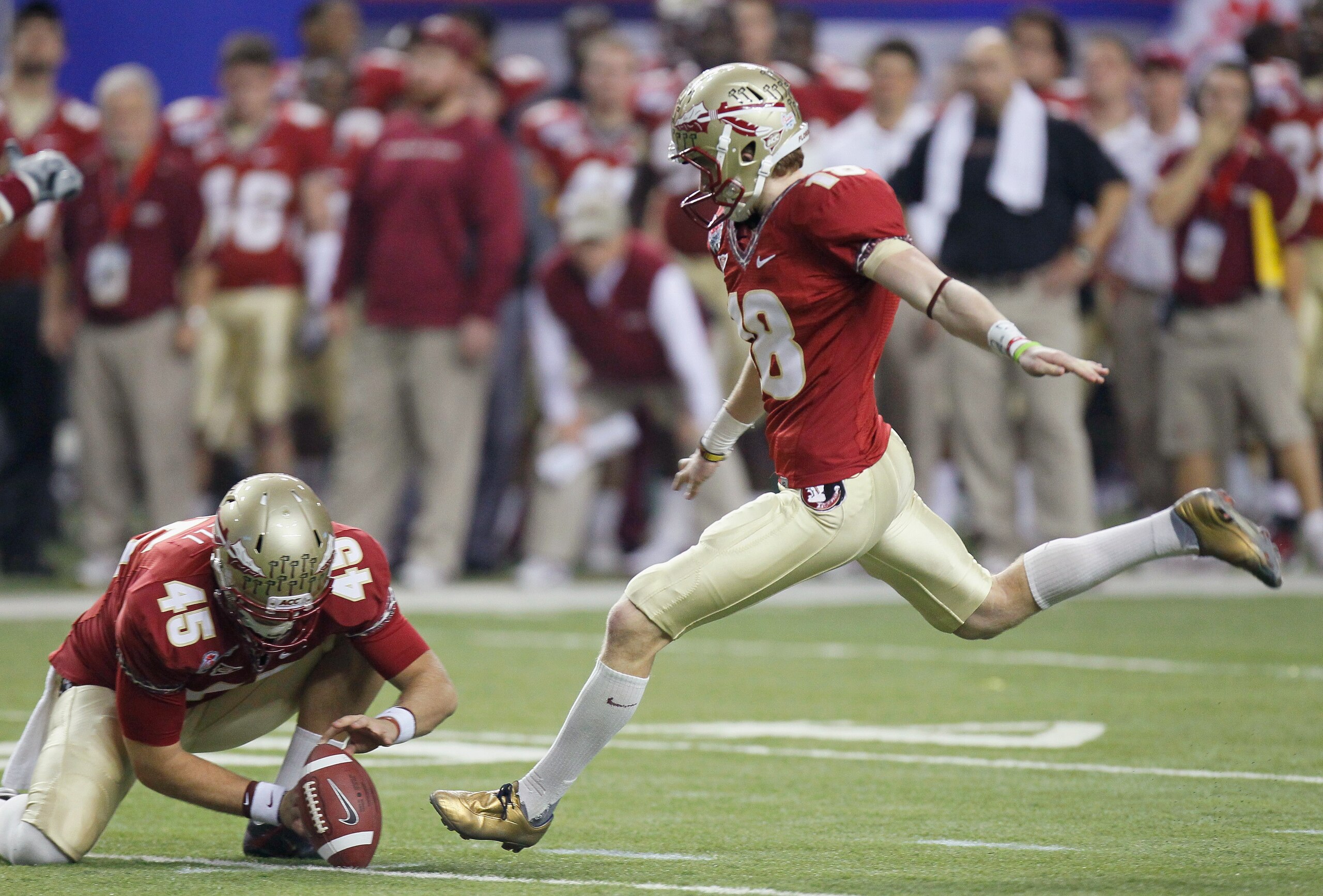 ATLANTA, GA - DECEMBER 31: Dustin Hopkins #8 of the Florida State Seminoles against the South Carolina Gamecocks during the 2010 Chick-fil-A Bowl at Georgia Dome on December 31, 2010 in Atlanta, Georgia. (Photo by Kevin C. Cox/Getty Images) ATLANTA, GA - DECEMBER 31: Dustin Hopkins #8 of the Florida State Seminoles against the South Carolina Gamecocks during the 2010 Chick-fil-A Bowl at Georgia Dome on December 31, 2010 in Atlanta, Georgia. (Photo by Kevin C. Cox/Getty Images)