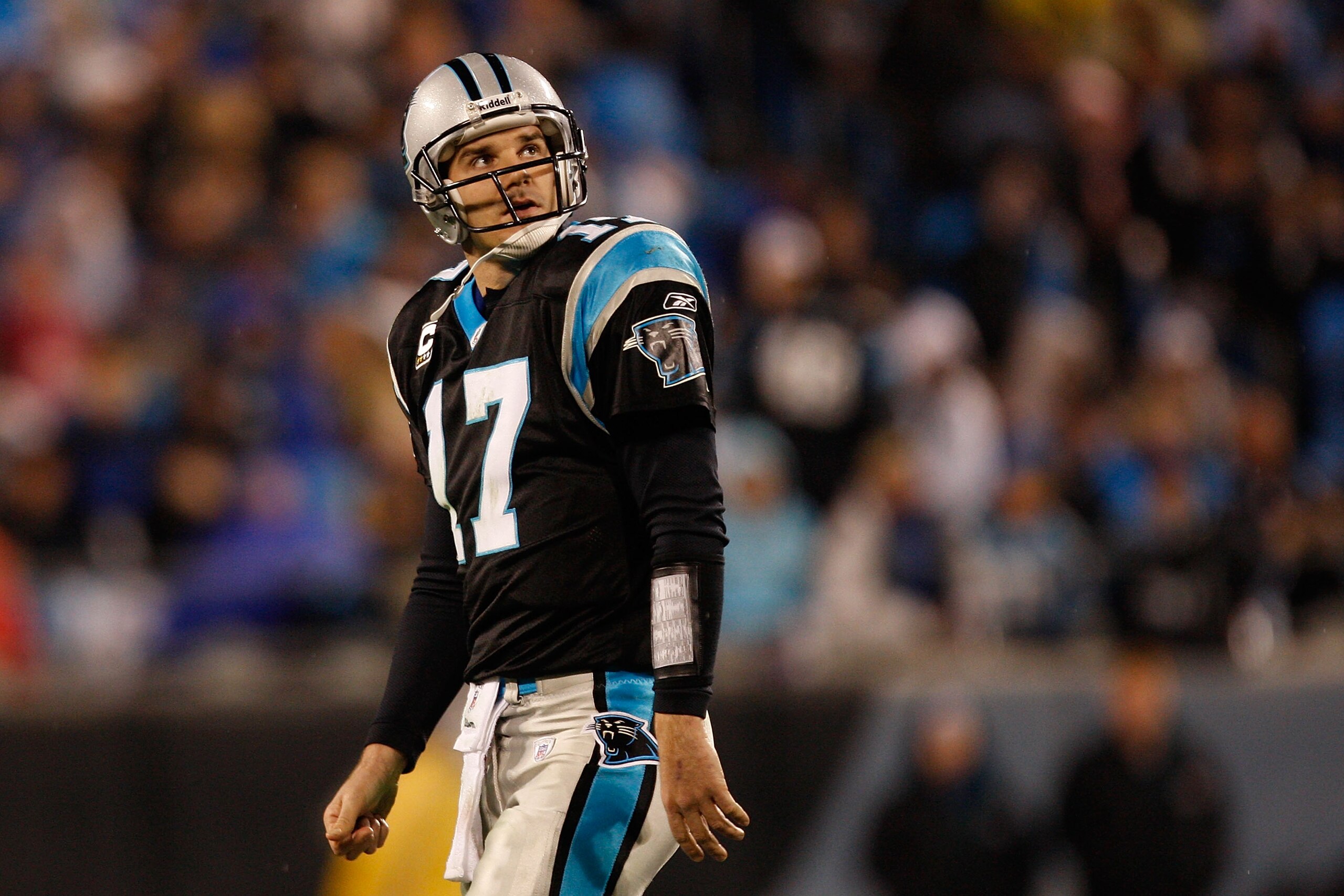 CHARLOTTE, NC - JANUARY 10:  Quarterback Jake Delhomme #17 of the Carolina Panthers looks on during the game against the Arizona Cardinals during the NFC Divisional Playoff Game on January 10, 2009 at Bank of America Stadium in Charlotte, North Carolina.
