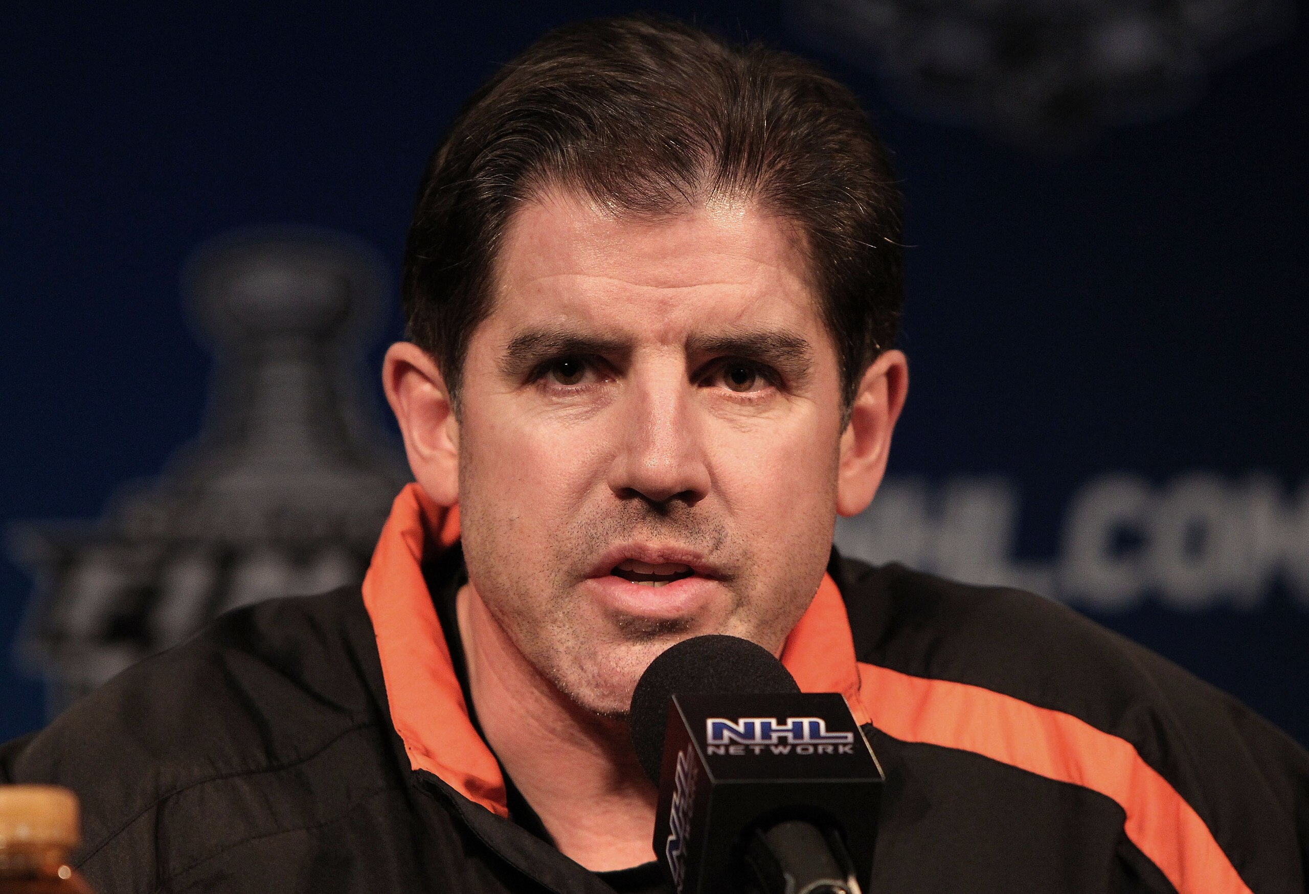 PHILADELPHIA - JUNE 8:  Head coach Peter Laviolette of the Philadelphia Flyers speaks to the press during media availability for the 2010 NHL Stanley Cup Final at Wachovia Center on June 8, 2010 in Philadelphia, Pennsylvania.  (Photo by Andre Ringuette/Ge