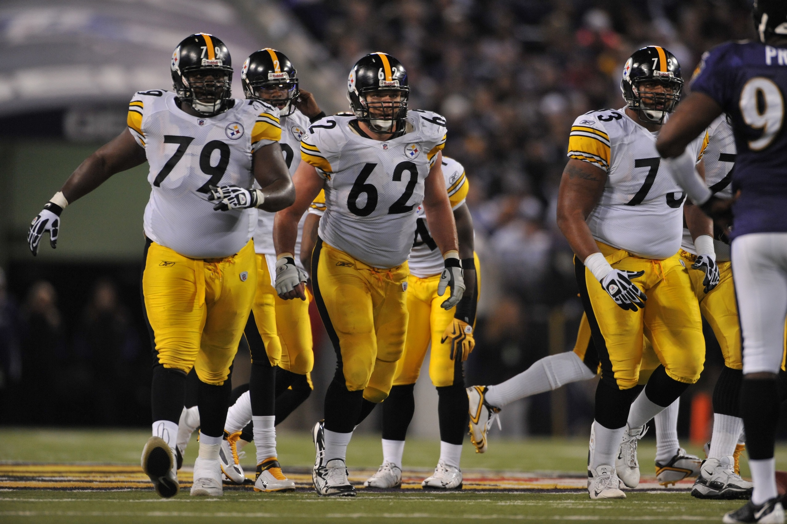 BALTIMORE - NOVEMBER 29:  Trai Essex #79 of the Pittsburgh Steelers walks up to the line of scrimmage during the game against the  Baltimore Ravens at M&T Bank Stadium on November 29, 2009 in Baltimore, Maryland. The Ravens defeated the Steelers 20-17. (P