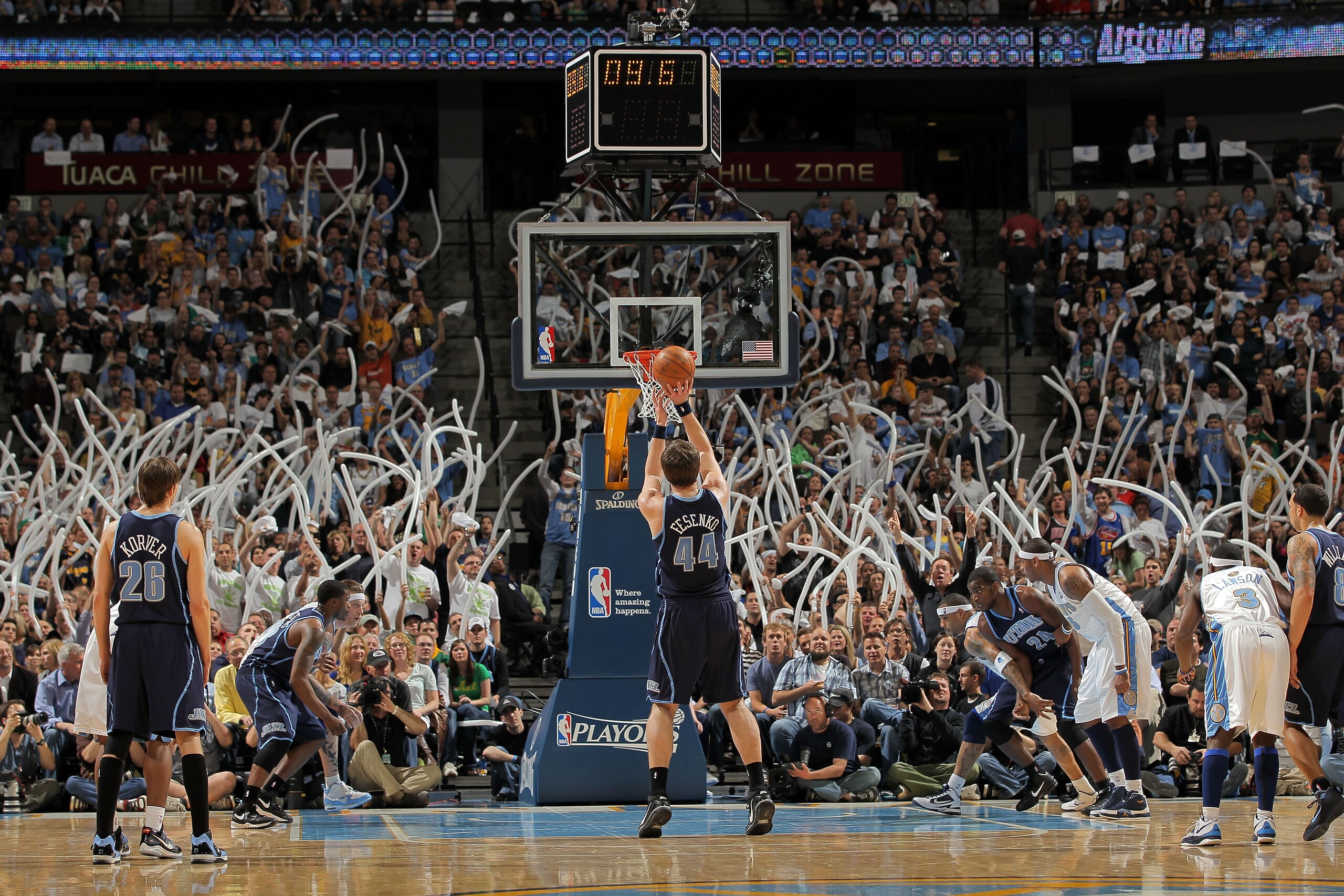 DENVER - APRIL 28:  Kyrylo Fesenko #44 of the Utah Jazz takes a free throw as the fans of the Denver Nuggets provide distraction in Game Five of the Western Conference Quarterfinals of the 2010 NBA Playoffs at the Pepsi Center on April 28, 2010 in Denver,