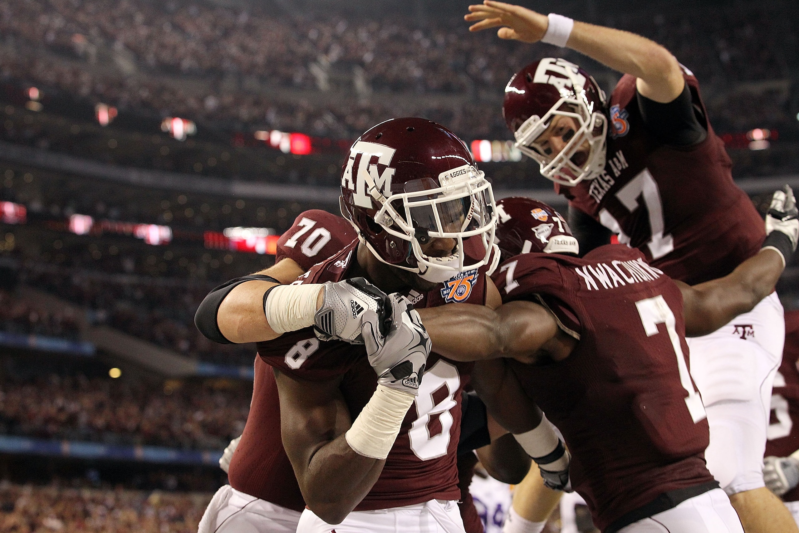 ARLINGTON, TX - JANUARY 07: Wide receiver Jeff Fuller #8 and Uzoma Nwachukwu #7 of the Texas A&M Aggies celebrate a touchdown against the LSU Tigers during the AT&T Cotton Bowl at Cowboys Stadium on January 7, 2011 in Arlington, Texas. (Photo by Ronald ARLINGTON, TX - JANUARY 07: Wide receiver Jeff Fuller #8 and Uzoma Nwachukwu #7 of the Texas A&M Aggies celebrate a touchdown against the LSU Tigers during the AT&T Cotton Bowl at Cowboys Stadium on January 7, 2011 in Arlington, Texas. (Photo by Ronald