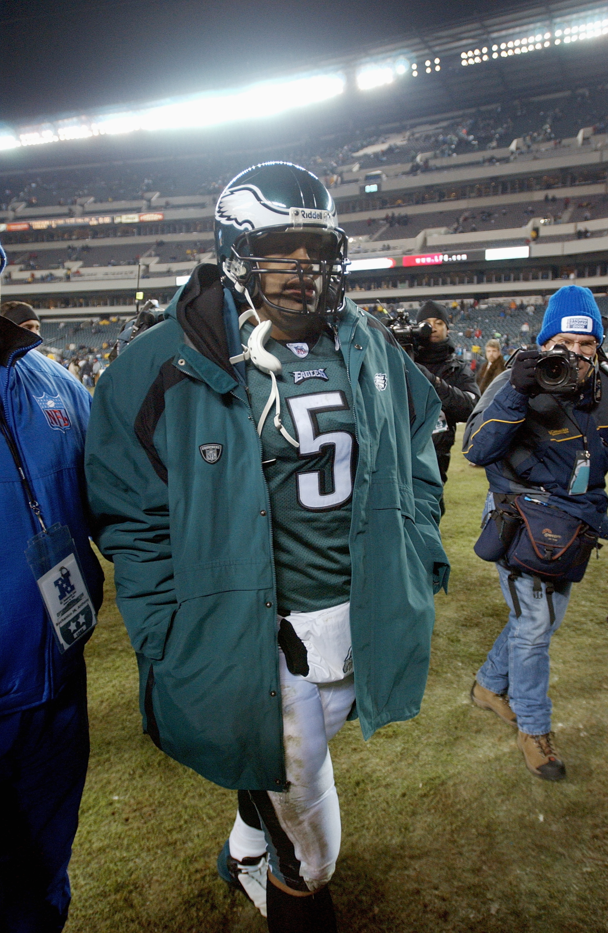 PHILADELPHIA - JANUARY 18:  Quarterback Donovan McNabb #5 of the Philadelphia Eagles walks off the field after loosing the NFC Championship game against the Carolina Panthers at Lincoln Financial Field on January 18, 2004 in Philadelphia, Pennsylvania.  T