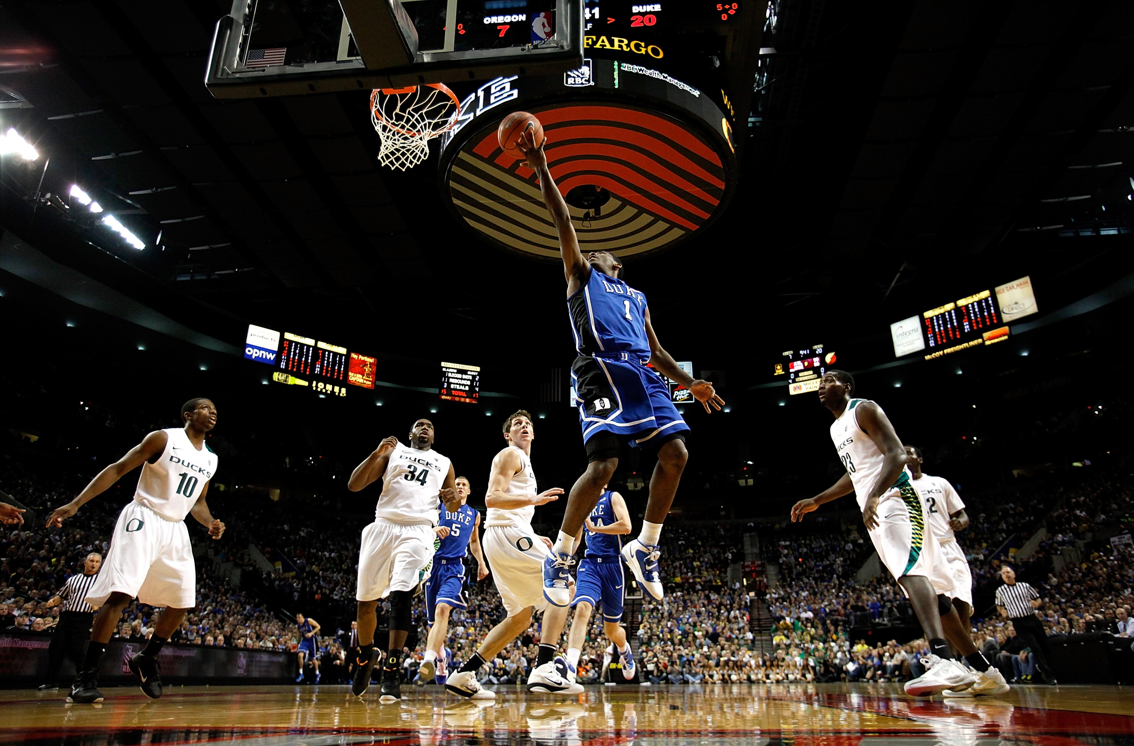 PORTLAND, OR - NOVEMBER 27:  Kyrie Irving #1 of the Duke Blue Devils goes for a layup against  the Oregon Ducks on November 27, 2010 at the Rose Garden in Portland, Oregon.  (Photo by Jonathan Ferrey/Getty Images)