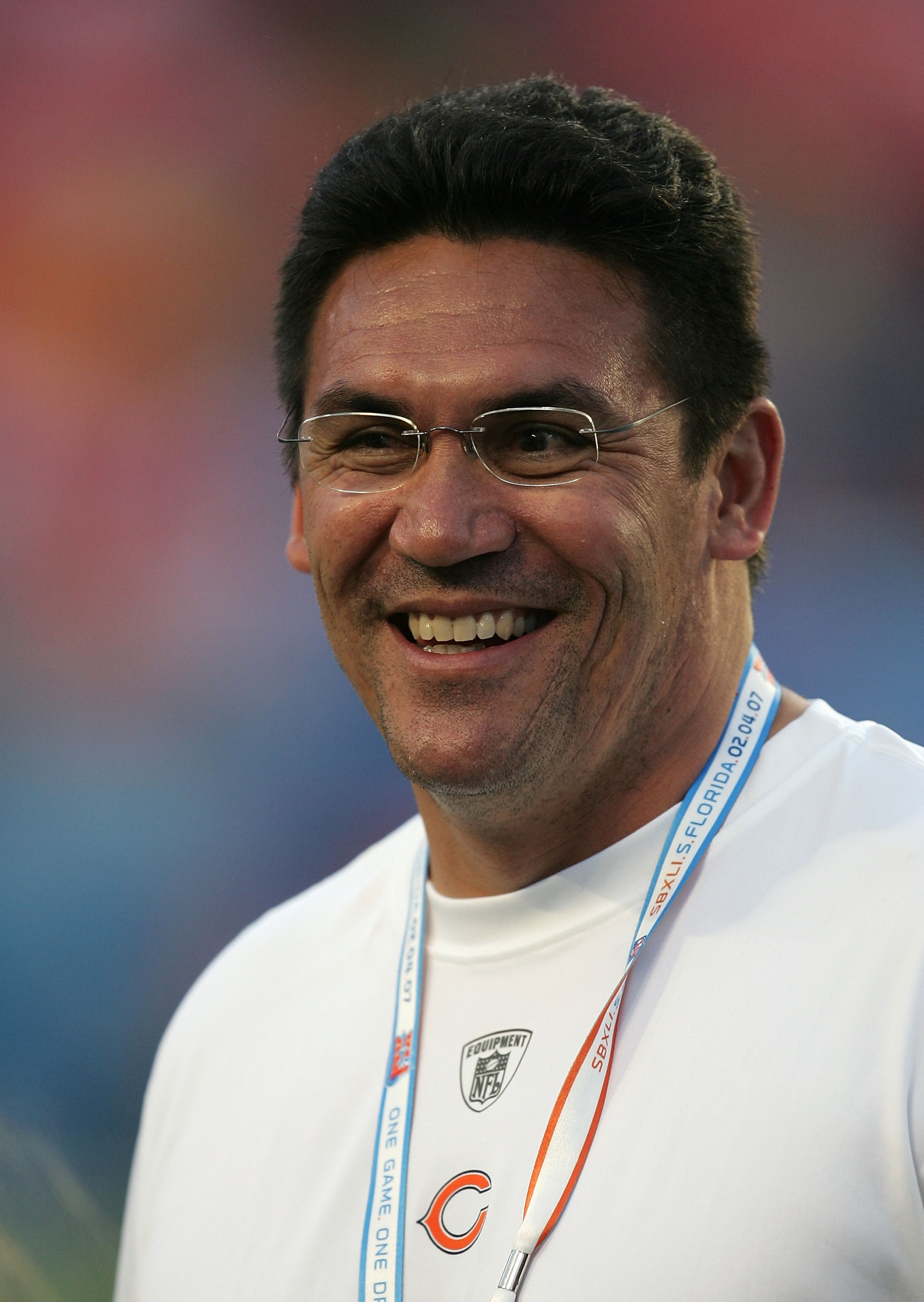 MIAMI GARDENS, FL - FEBRUARY 04:  Defensive Coordinator Ron Rivera of the Chicago Bears smiles on the field prior to the start of Super Bowl XLI against the Indianapolis Colts on February 4, 2007 at Dolphin Stadium in Miami Gardens, Florida.  (Photo by Jo