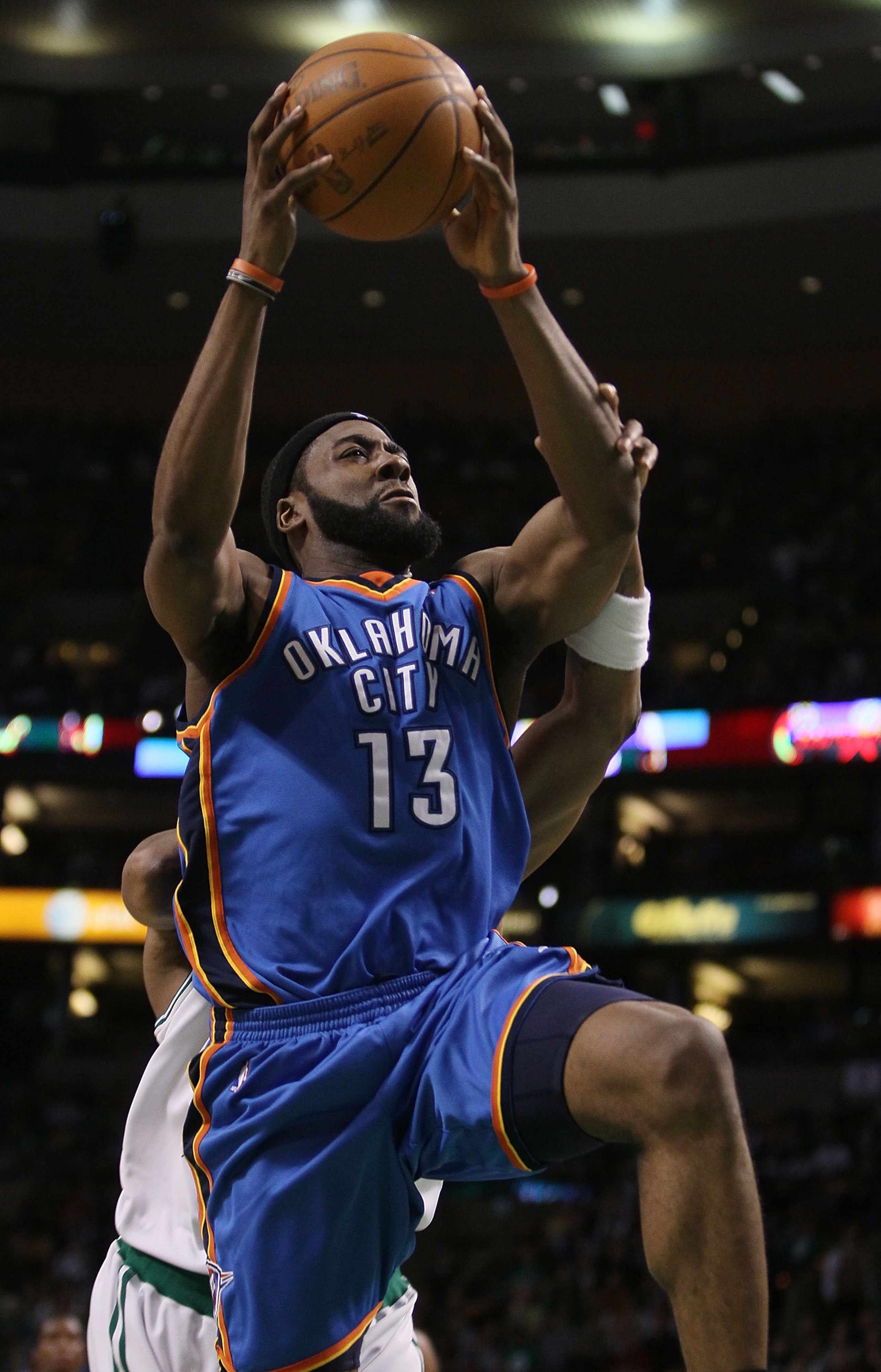 BOSTON - MARCH 31:  James Harden #13 of the Oklahoma City Thunder heads for the net in the fourth quarter against the Boston Celtics on March 31, 2010 at the TD Garden in Boston, Massachusetts. The Oklahoma City Thunder defeated the Boston Celtics 109-104