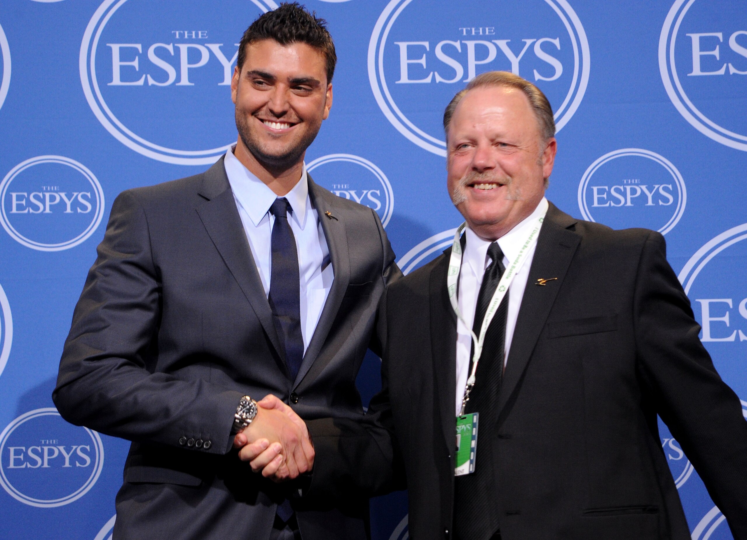 LOS ANGELES, CA - JULY 14:  MLB umpire Jim Joyce and pitcher Armando Gallaraga shake hands backstage during the 2010 ESPY Awards at Nokia Theatre L.A. Live on July 14, 2010 in Los Angeles, California.  (Photo by Jason Merritt/Getty Images)