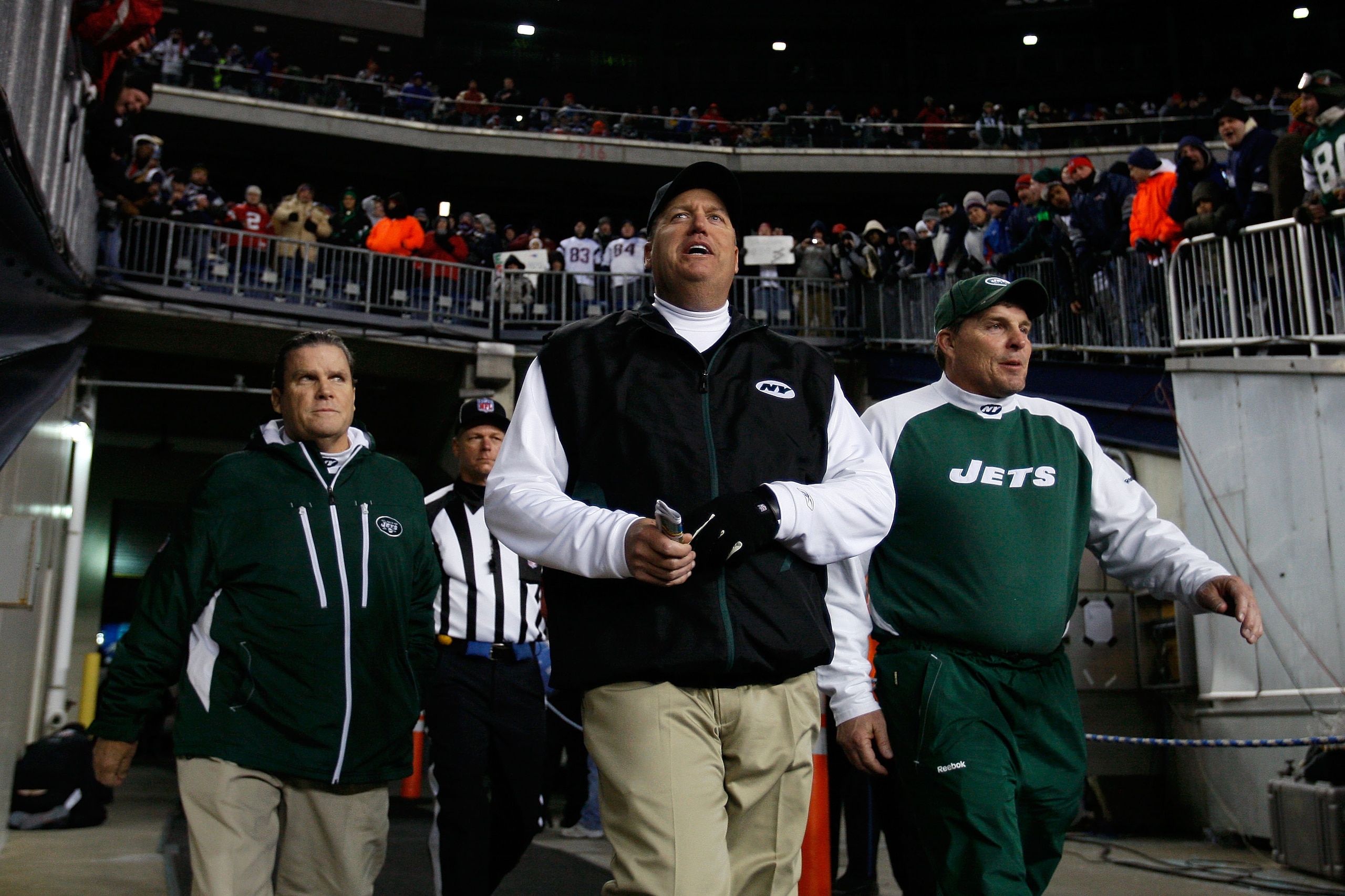 FOXBORO, MA - DECEMBER 06: Head coach Rex Ryan of the New York Jets walks on the field for the start of their game against the New England Patriots at Gillette Stadium on December 6, 2010 in Foxboro, Massachusetts. (Photo by Jim Rogash/Getty Images) FOXBORO, MA - DECEMBER 06: Head coach Rex Ryan of the New York Jets walks on the field for the start of their game against the New England Patriots at Gillette Stadium on December 6, 2010 in Foxboro, Massachusetts. (Photo by Jim Rogash/Getty Images)