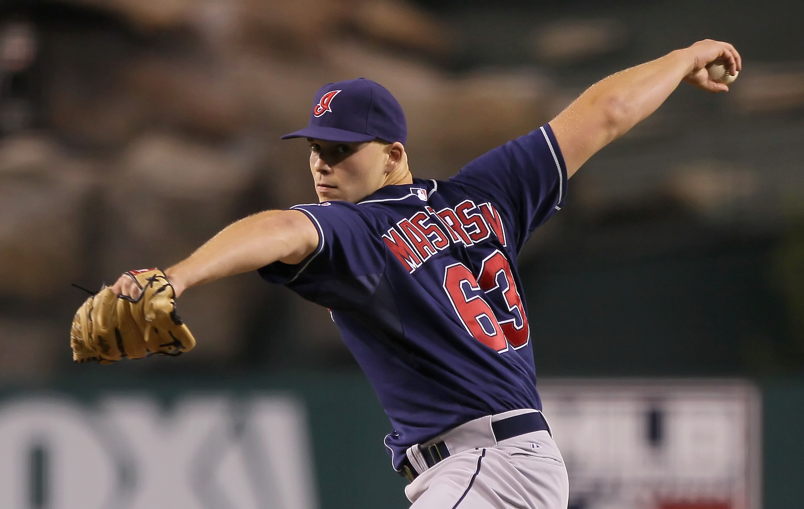 ANAHEIM, CA - SEPTEMBER 07:  Justin Masterson #63 of the Cleveland Indians pitches against the Los Angeles Angels of Anaheim in the first inning at Angel Stadium on September 7, 2010 in Anaheim, California.  (Photo by Jeff Gross/Getty Images)