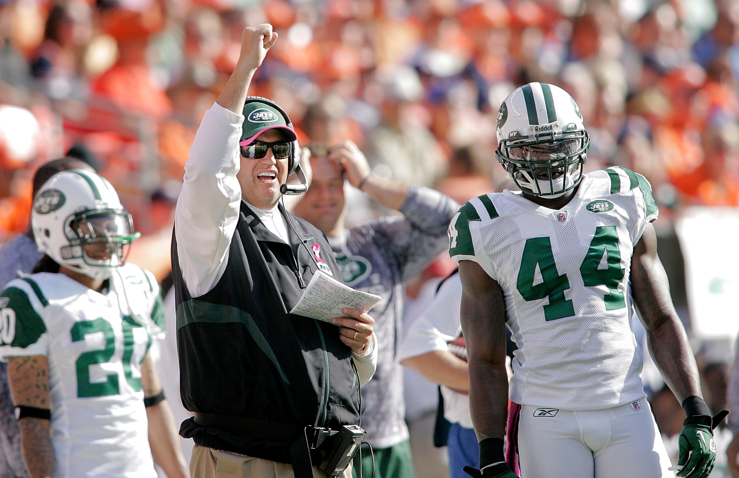 DENVER - OCTOBER 17: Head coach Rex Ryan the New York Jets celebrates a penalty call against the Denver Broncos at INVESCO Field at Mile High on October 17, 2010 in Denver, Colorado. (Photo by Justin Edmonds/Getty Images) DENVER - OCTOBER 17: Head coach Rex Ryan the New York Jets celebrates a penalty call against the Denver Broncos at INVESCO Field at Mile High on October 17, 2010 in Denver, Colorado. (Photo by Justin Edmonds/Getty Images)