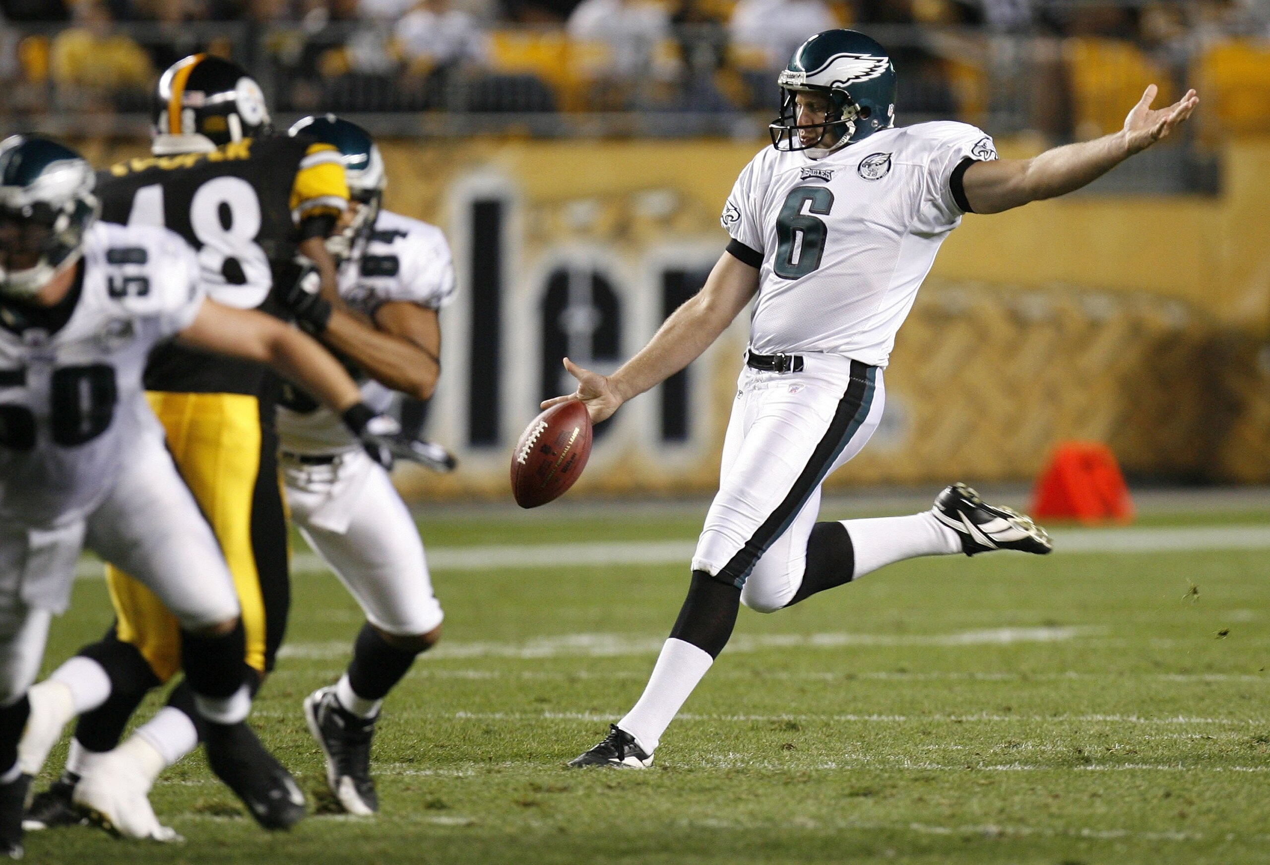 PITTSBURGH - AUGUST 26:  Sav Rocca #6 of the Philadelphia Eagles kicks a second quarter punt against the Pittsburgh Steelers during a preseason game at Heinz Field August 26, 2007 in Pittsburgh, Pennsylvania. Pittsburgh won the game 27-13.  (Photo by Greg