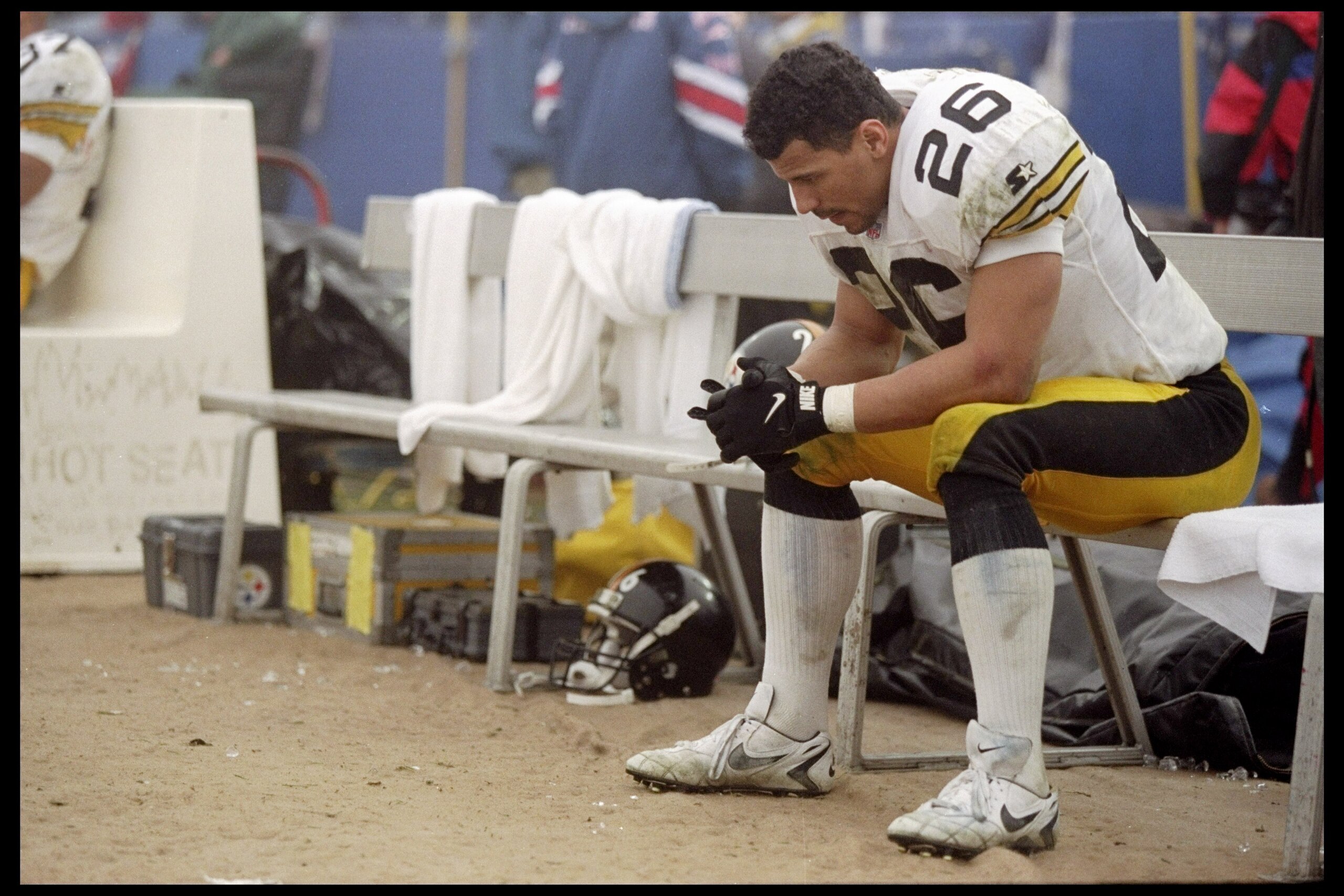 5 Jan 1997: Defensive back Rod Woodson of the Pittsburgh Steelers sits dejected on the bench during the Steelers 28-3 AFC playoff loss to the New England Patriots at Foxboro Stadiium in Foxboro, Massachusetts
