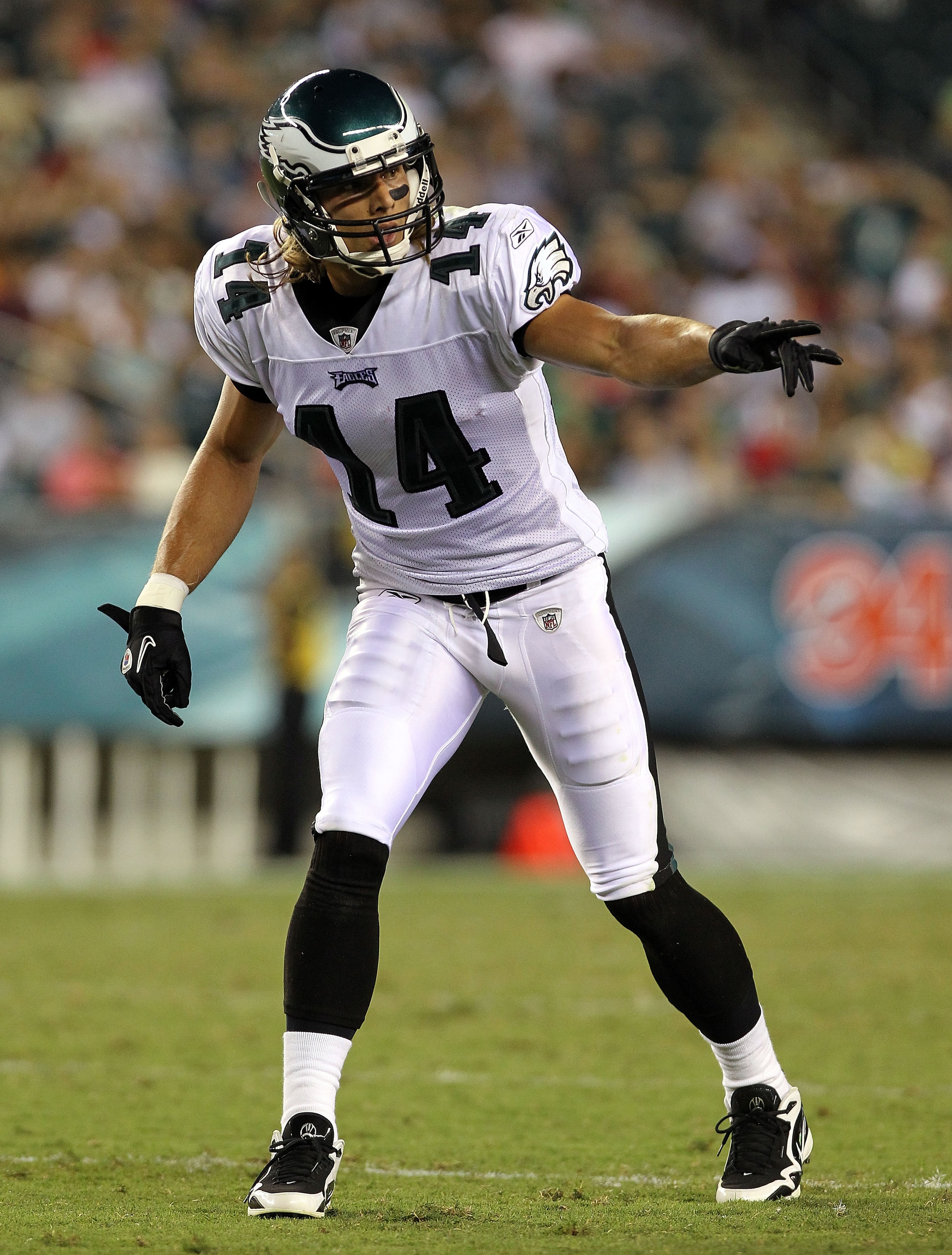 PHILADELPHIA - AUGUST 13:  Riley Cooper #14 of the Philadelphia Eagles points towards the sideline against the Jacksonville Jaguars during their preseason game at Lincoln Financial Field on August 13, 2010 in Philadelphia, Pennsylvania.  (Photo by Nick La