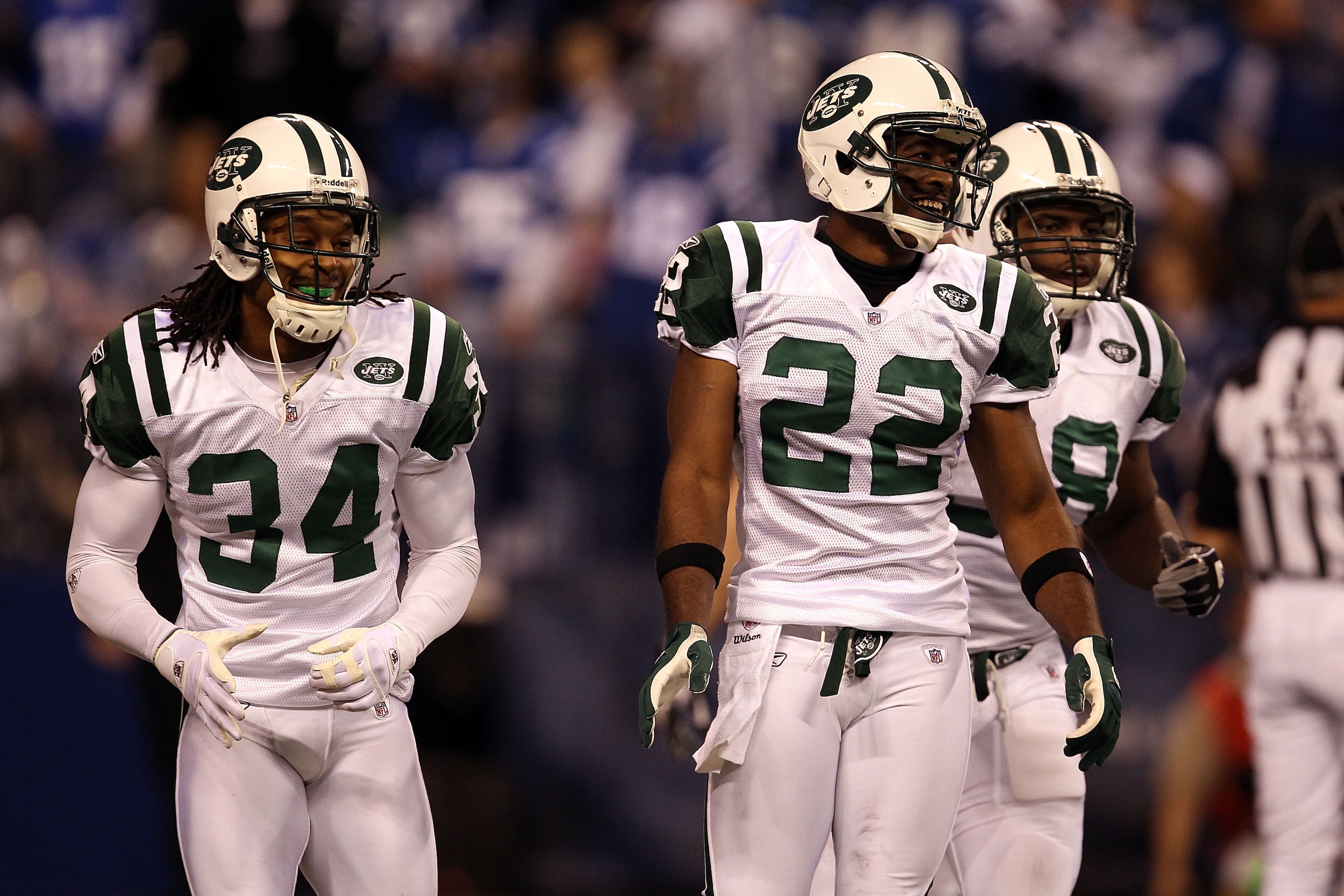 INDIANAPOLIS, IN - JANUARY 08: Brodney Pool #22 and Marquice Cole #34 (L) of the New York Jets react after a defensive play aganst the Indianapolis Colts during their 2011 AFC wild card playoff game at Lucas Oil Stadium on January 8, 2011 in Indianapolis INDIANAPOLIS, IN - JANUARY 08: Brodney Pool #22 and Marquice Cole #34 (L) of the New York Jets react after a defensive play aganst the Indianapolis Colts during their 2011 AFC wild card playoff game at Lucas Oil Stadium on January 8, 2011 in Indianapolis