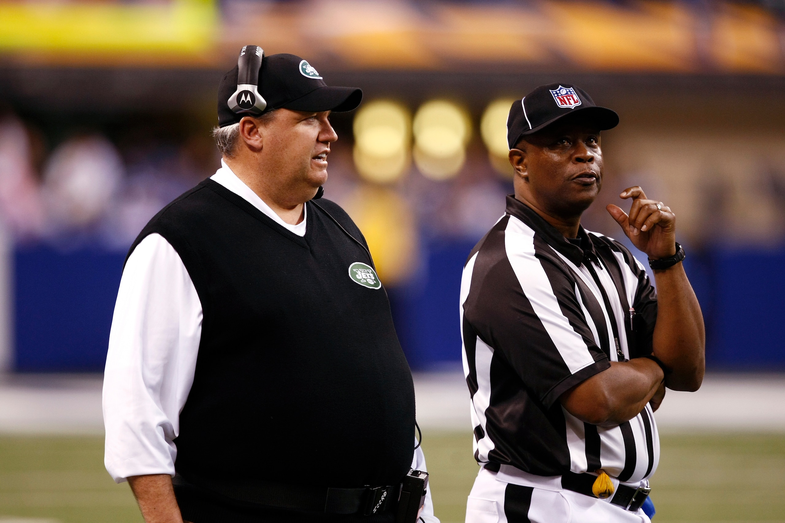 INDIANAPOLIS, IN - DECEMBER 27: Head coach Rex Ryan of the New York Jets talks to an official during the game against the Indianapolis Colts at Lucas Oil Stadium on December 27, 2009 in Indianapolis, Indiana. The Jets handed the Colts their first loss of INDIANAPOLIS, IN - DECEMBER 27: Head coach Rex Ryan of the New York Jets talks to an official during the game against the Indianapolis Colts at Lucas Oil Stadium on December 27, 2009 in Indianapolis, Indiana. The Jets handed the Colts their first loss of