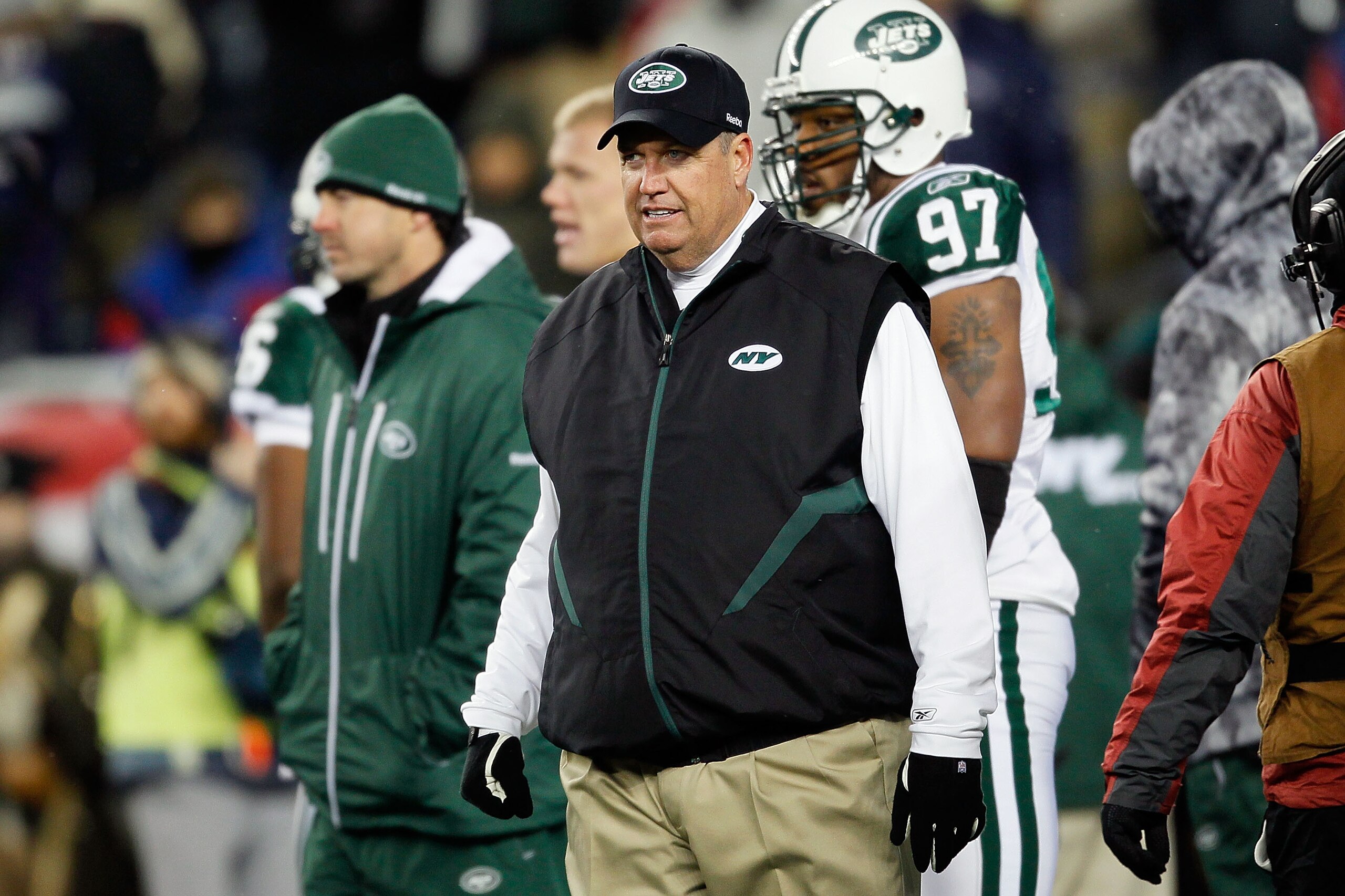 FOXBORO, MA - DECEMBER 06: Head coach Rex Ryan of the New York Jets looks on during warm ups against the New England Patriots at Gillette Stadium on December 6, 2010 in Foxboro, Massachusetts. (Photo by Jim Rogash/Getty Images) FOXBORO, MA - DECEMBER 06: Head coach Rex Ryan of the New York Jets looks on during warm ups against the New England Patriots at Gillette Stadium on December 6, 2010 in Foxboro, Massachusetts. (Photo by Jim Rogash/Getty Images)