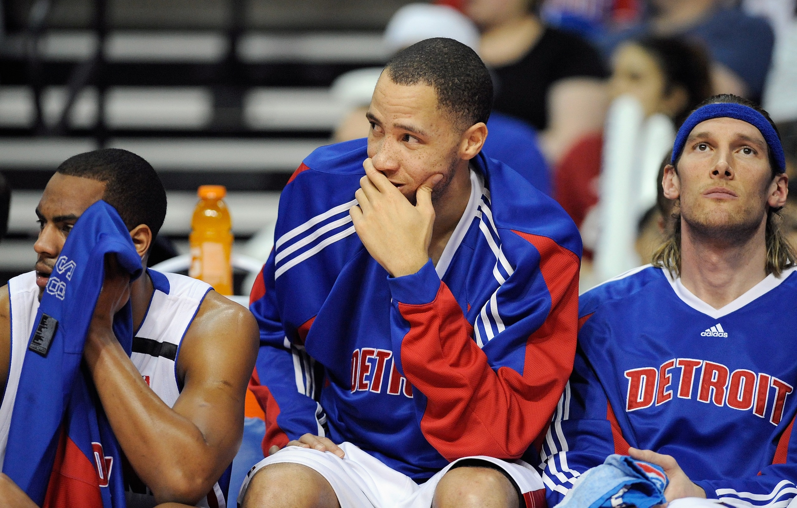 AUBURN HILLS, MI - APRIL 26:  (L-R) Arron Afflalo #28, Tayshaun Prince #22 and Walter Herrmann #5 of the Detroit Pistons sit on the bench in Game Four of the Eastern Conference Quarterfinals against the Cleveland Cavaliers during the 2009 NBA Playoffs at