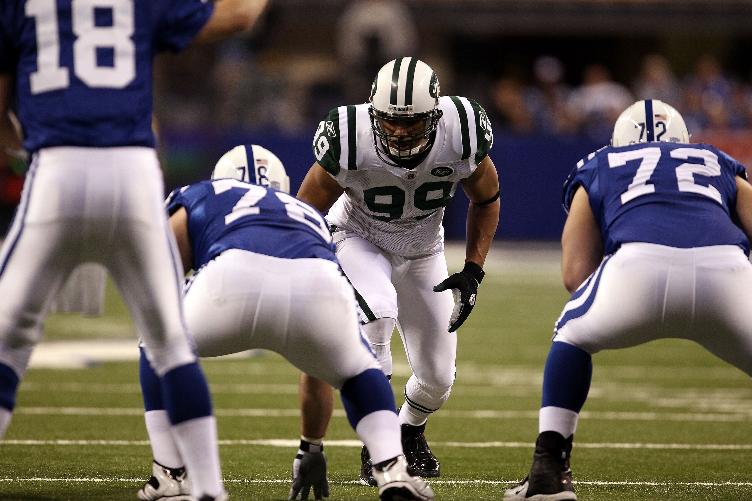 INDIANAPOLIS, IN - JANUARY 08: Linebacker Jason Taylor #99 of the New York Jets lines up on defense against the Indianapolis Colts during their 2011 AFC wild card playoff game at Lucas Oil Stadium on January 8, 2011 in Indianapolis, Indiana. The Jets won INDIANAPOLIS, IN - JANUARY 08: Linebacker Jason Taylor #99 of the New York Jets lines up on defense against the Indianapolis Colts during their 2011 AFC wild card playoff game at Lucas Oil Stadium on January 8, 2011 in Indianapolis, Indiana. The Jets won