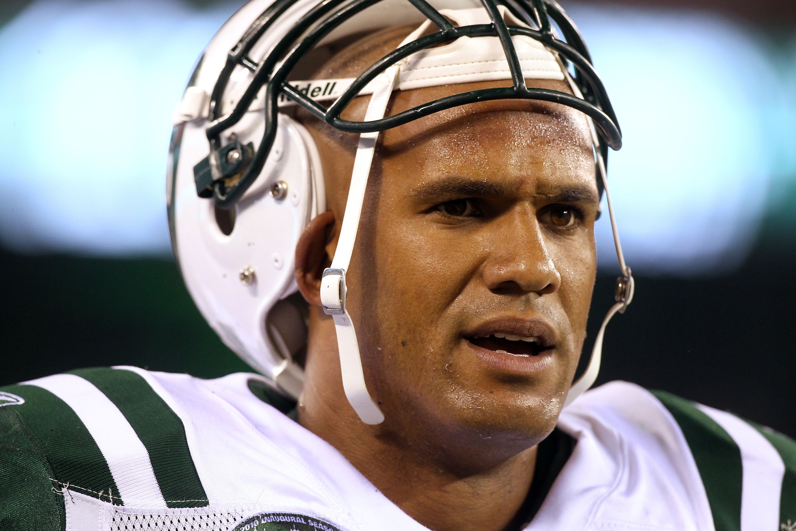 EAST RUTHERFORD, NJ - SEPTEMBER 13: Jason Taylor #99 of the New York Jets looks on against the Baltimore Ravens during their home opener at the New Meadowlands Stadium on September 13, 2010 in East Rutherford, New Jersey. (Photo by Jim McIsaac/Getty Ima EAST RUTHERFORD, NJ - SEPTEMBER 13: Jason Taylor #99 of the New York Jets looks on against the Baltimore Ravens during their home opener at the New Meadowlands Stadium on September 13, 2010 in East Rutherford, New Jersey. (Photo by Jim McIsaac/Getty Ima