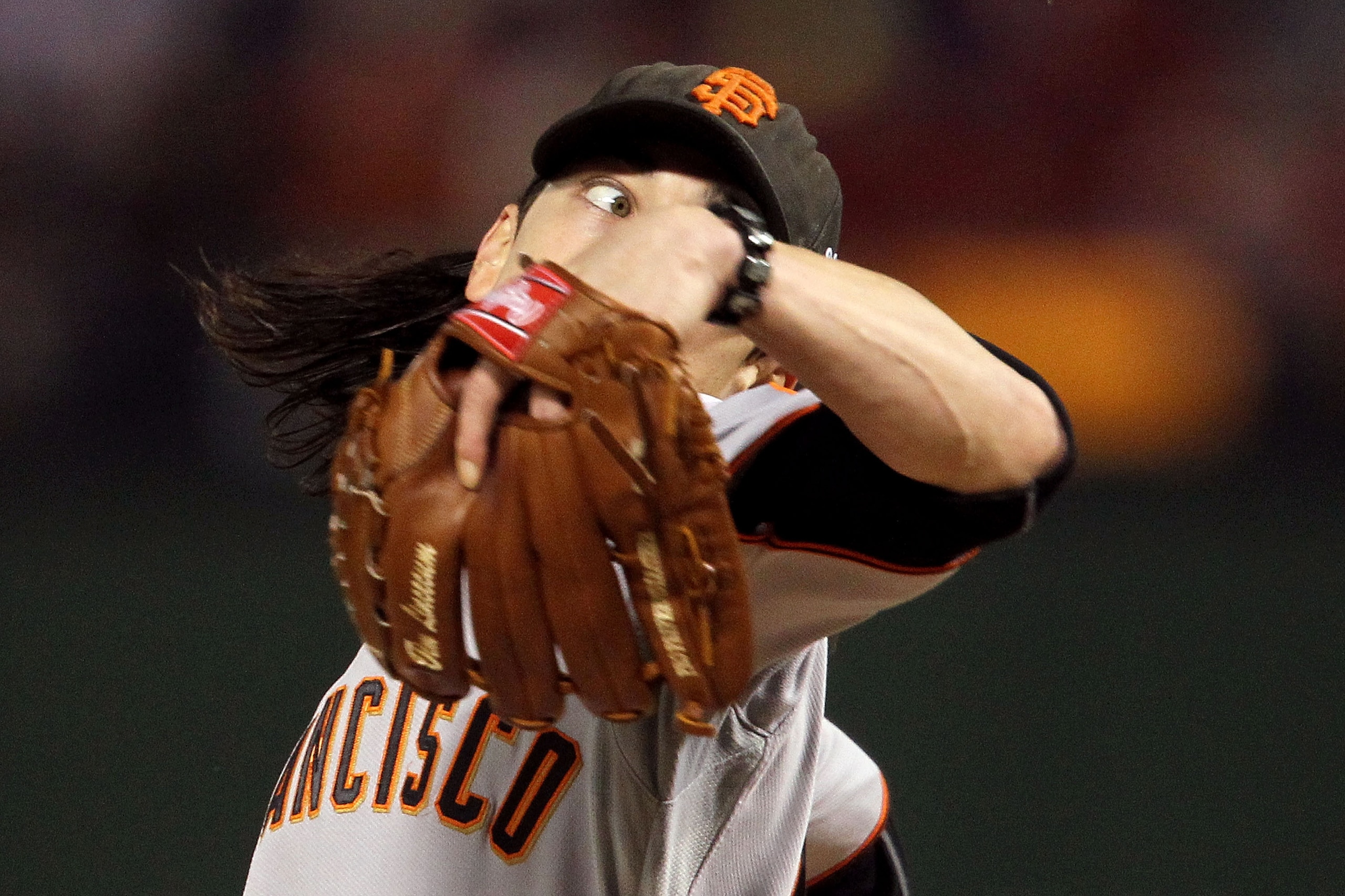 ARLINGTON, TX - NOVEMBER 01:  Starting pitcher Tim Lincecum #55 of the San Francisco Giants pitches against the Texas Rangers in Game Five of the 2010 MLB World Series at Rangers Ballpark in Arlington on November 1, 2010 in Arlington, Texas.  (Photo by Do