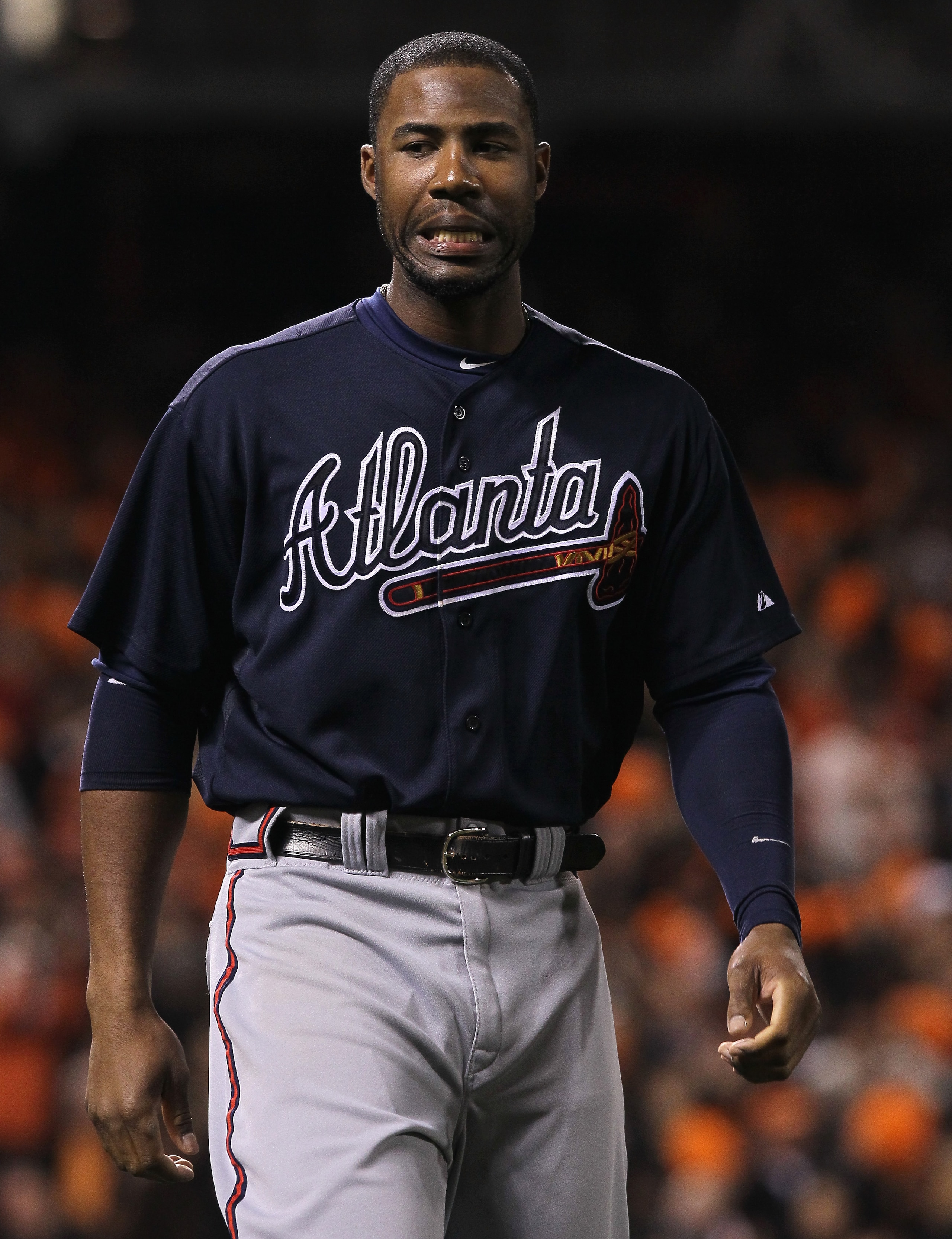 SAN FRANCISCO - OCTOBER 08:  Jason Heyward #22 of the Atlanta Braves reacts after striking out during the seventh inning of the National League Division Series with the San Francisco Giants at AT&T Park on October 8, 2010 in San Francisco, California.  (P
