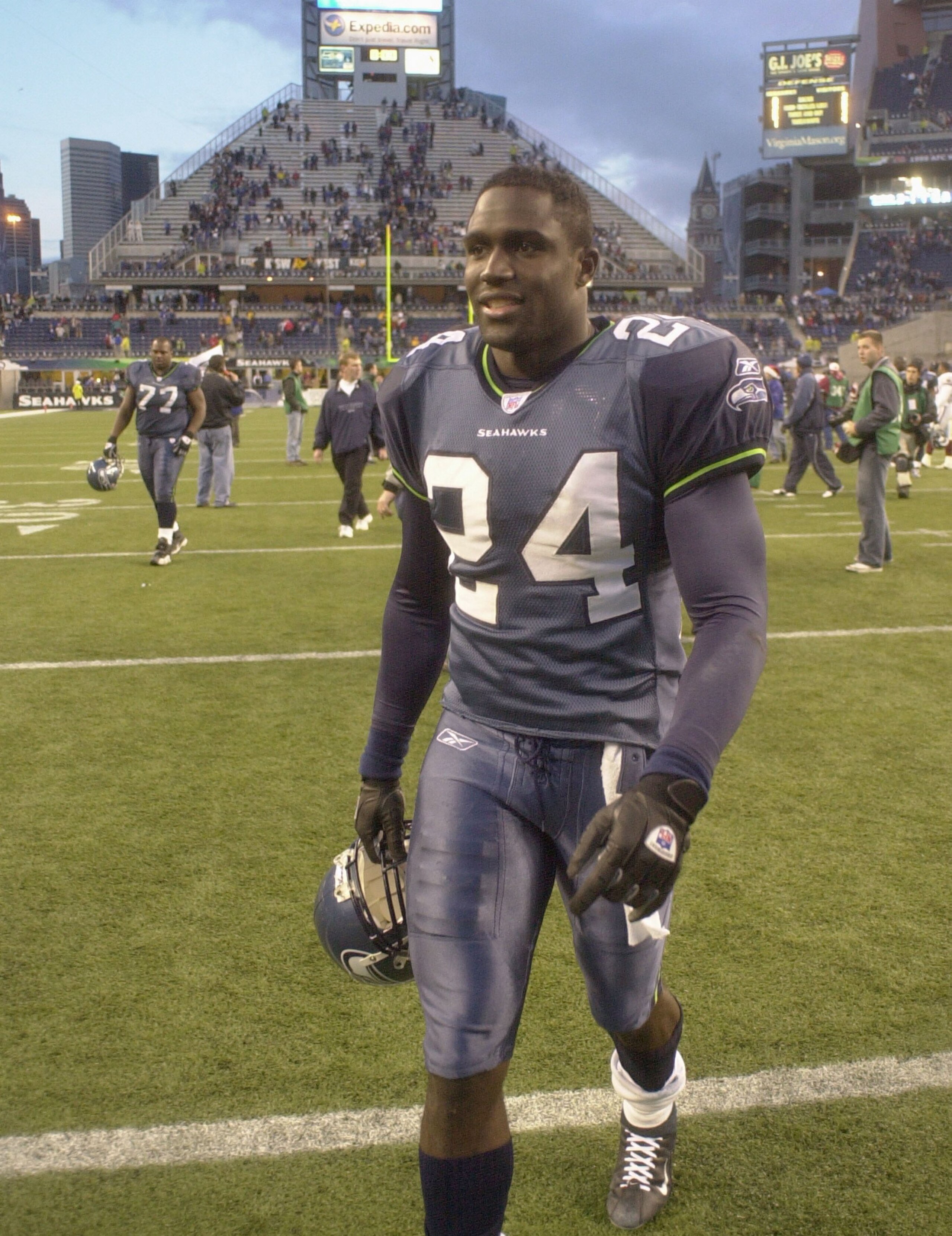SEATTLE - DECEMBER 21:  Cornerback Shawn Springs #24 of the Seattle Seahawks walks off the field after the Seahawks beat the Arizona Cardinals 28-10 on December 21 2003 at Seahawks Stadium in Seattle, Washington.  (Photo by Otto Greule Jr/Getty Images)