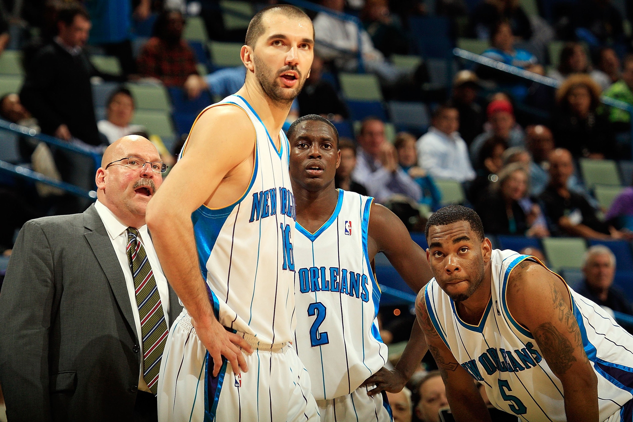 NEW ORLEANS - MARCH 03:  Peja Stojakovic #16 of the New Orleans Hornets reacts to a call against the Golden State Warriors at New Orleans Arena on March 8, 2010 in New Orleans, Louisiana.  NOTE TO USER: User expressly acknowledges and agrees that, by down