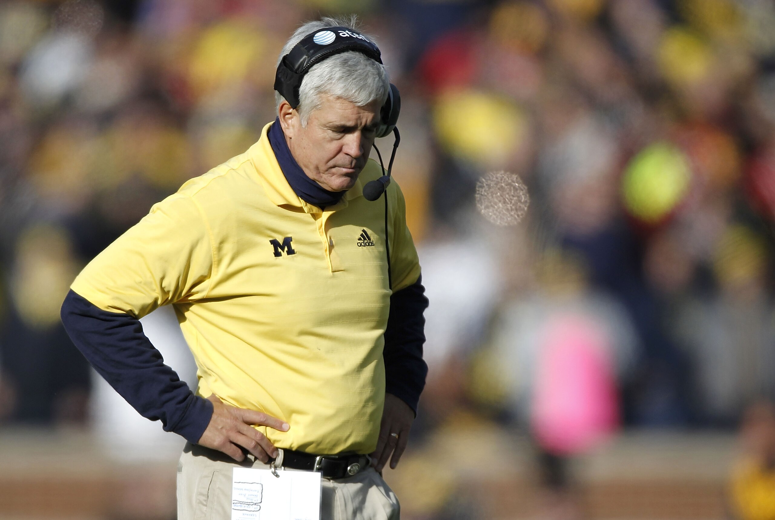 ANN ARBOR, MI - NOVEMBER 20: Defensive Cordinator Greg Robinson of the Michigan Wolverines reats while playing the Wisconsin Badgers at Michigan Stadium on November 20, 2010 in Ann Arbor, Michigan. Wisconsin won the game 48-28. (Photo by Gregory Shamus/Ge