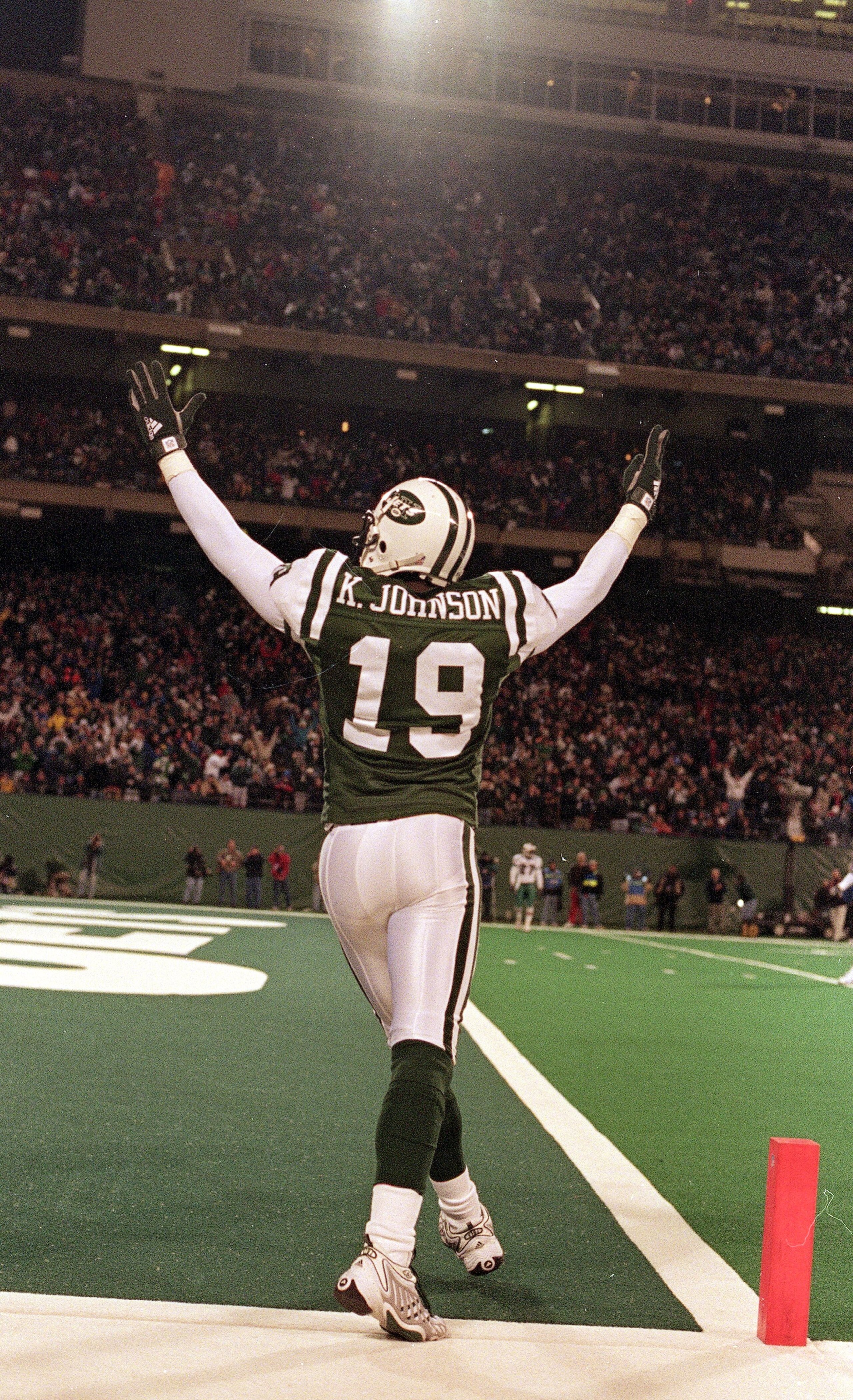 12 Dec 1999:  Keyshawn Johnson #19 of the New York Jets celebrates during the game against the Miami Dolphins at the Meadowlands in East Rutherford, New Jersey. The Jets defeated the Dolphins 28-20. Mandatory Credit: Al Bello  /Allsport