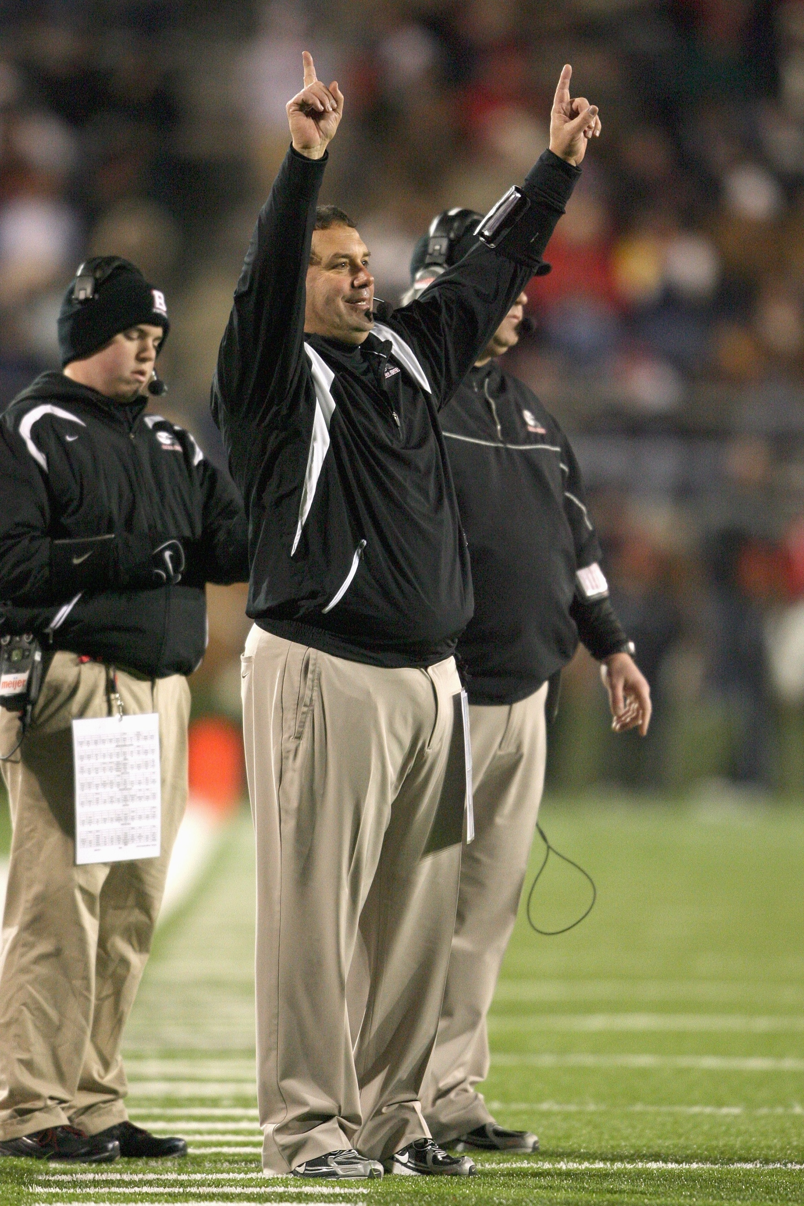 MUNCIE, IN - NOVEMBER 25:  Head coach Brady Hoke of the Ball State Cardinals signals from the sidelines during the MAC game against the Western Michigan Broncos at Scheumann Stadium on November 25, 2008 in Muncie, Indiana.  (Photo by Andy Lyons/Getty Imag