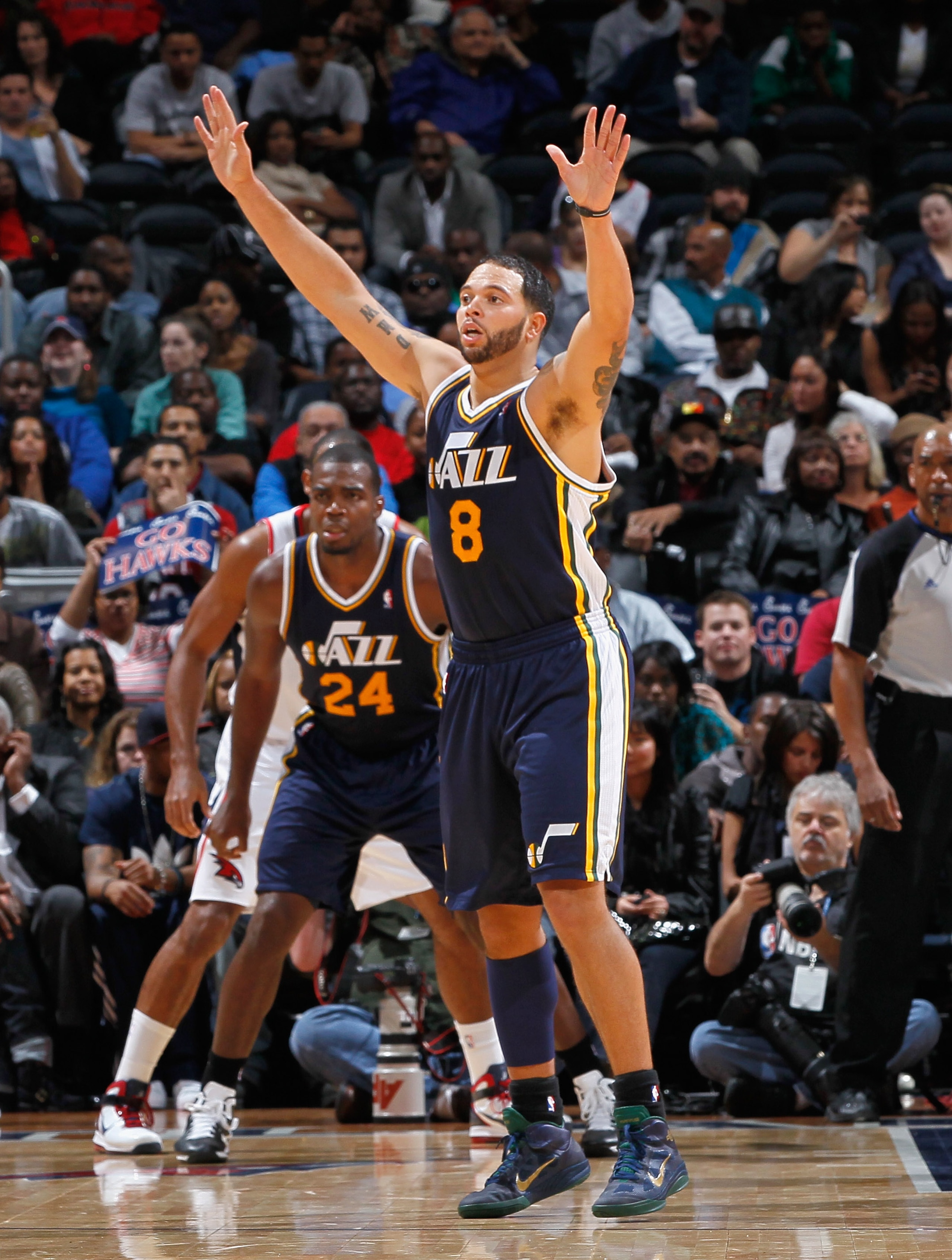 ATLANTA - NOVEMBER 12:  Deron Williams #8 of the Utah Jazz against the Atlanta Hawks at Philips Arena on November 12, 2010 in Atlanta, Georgia.  NOTE TO USER: User expressly acknowledges and agrees that, by downloading and/or using this Photograph, User i