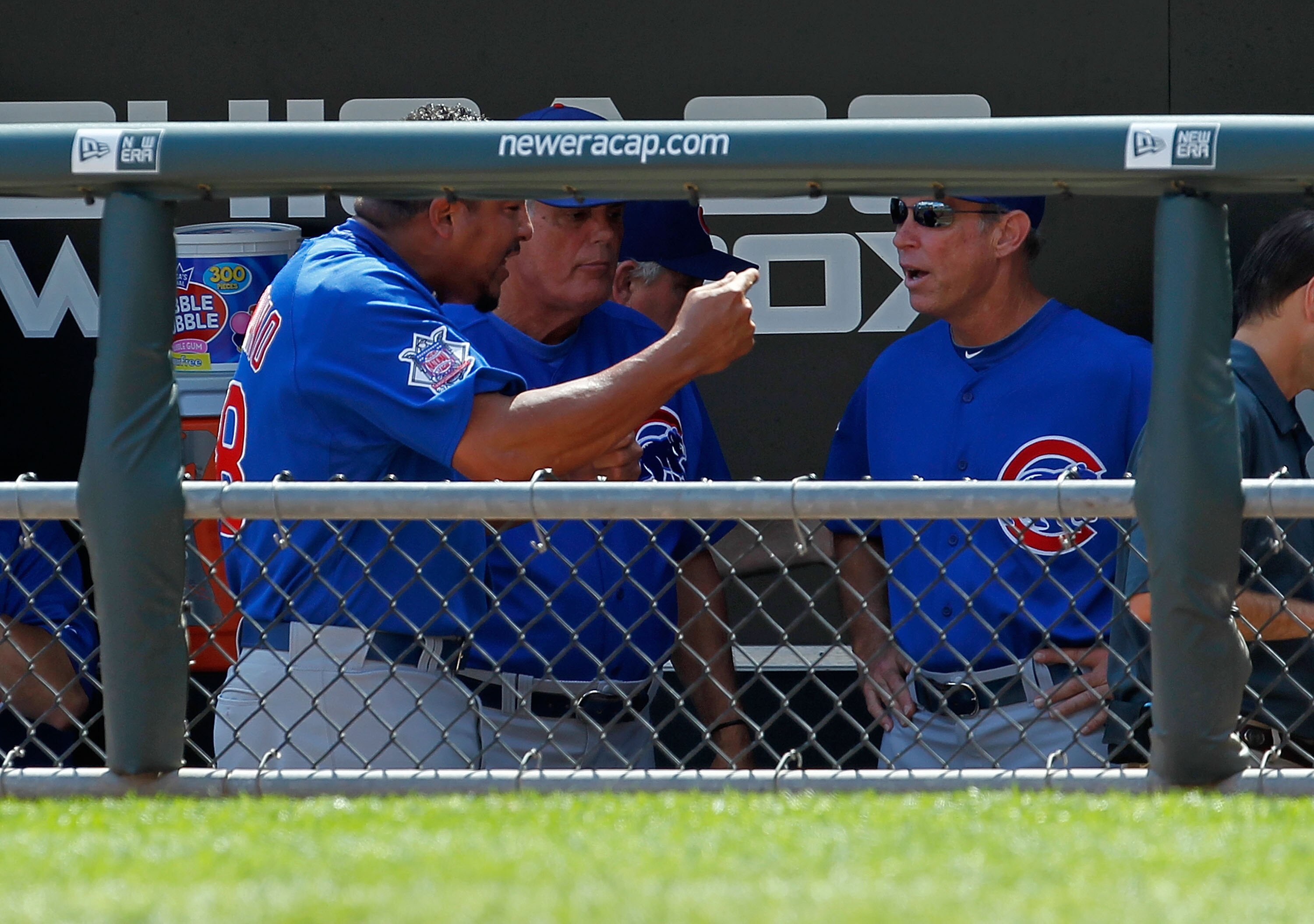 CHICAGO - JUNE 25: Starting pitcher Carlos Zambrano #38 of the Chicago Cubs (L) yells at manager Lou Pinella #41 (center) and bench coach Alan Trammell #3 after giving up four runs in the 1st inning to the Chicago White Sox at U.S. Cellular Field on June 