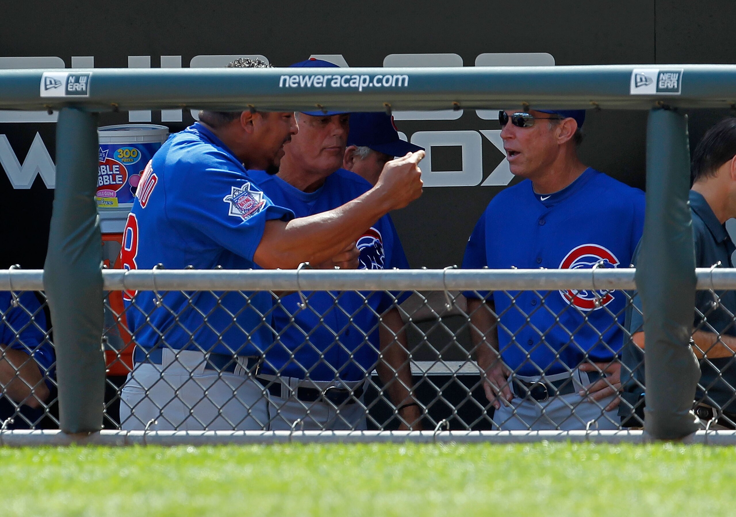 CHICAGO - JUNE 25: Starting pitcher Carlos Zambrano #38 of the Chicago Cubs (L) yells at manager Lou Pinella #41 (center) and bench coach Alan Trammell #3 after giving up four runs in the 1st inning to the Chicago White Sox at U.S. Cellular Field on June 