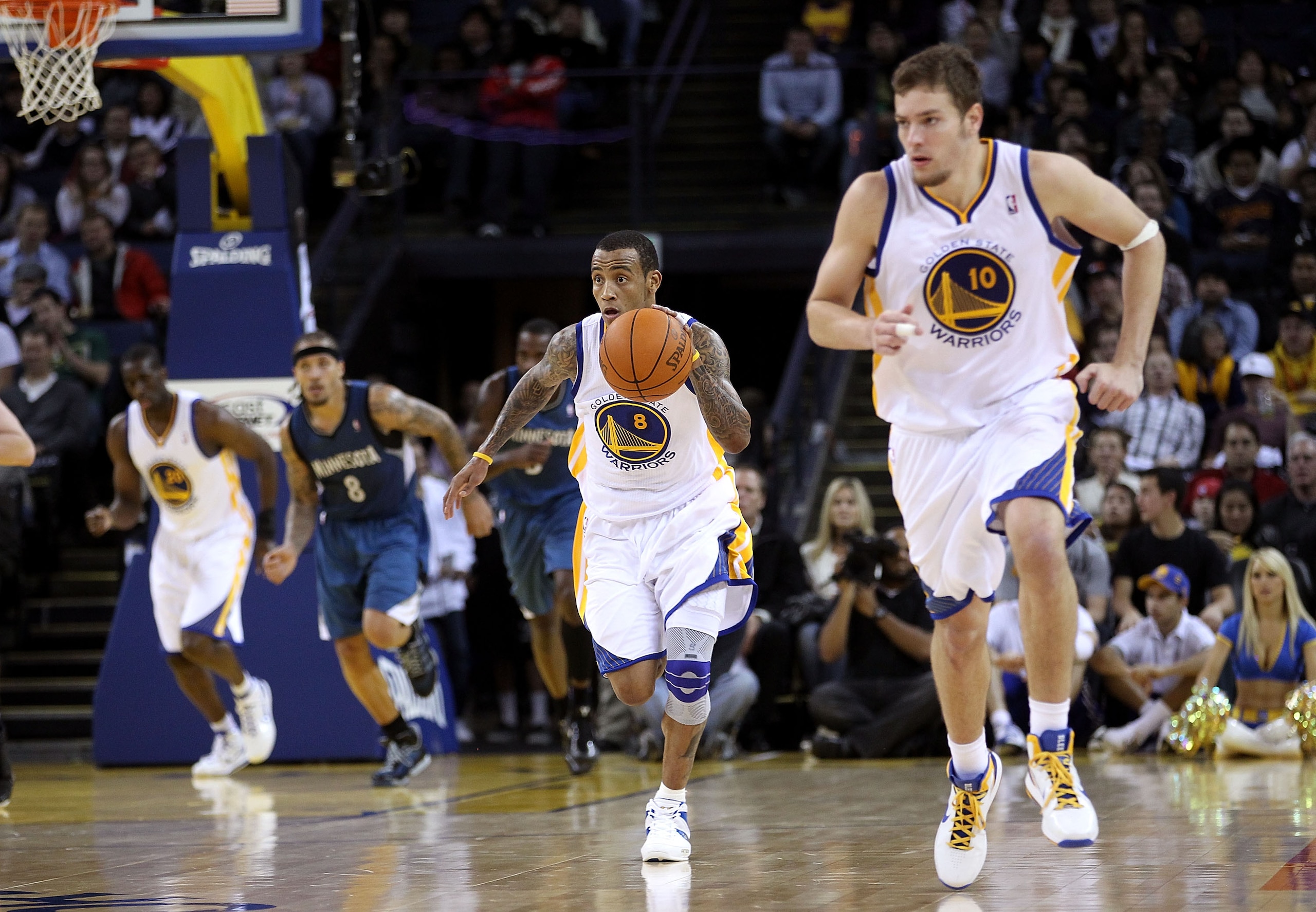 OAKLAND, CA - DECEMBER 14:  Monta Ellis #8 of the Golden State Warriors in action against the Minnesota Timberwolves at Oracle Arena on December 14, 2010 in Oakland, California.  NOTE TO USER: User expressly acknowledges and agrees that, by downloading an