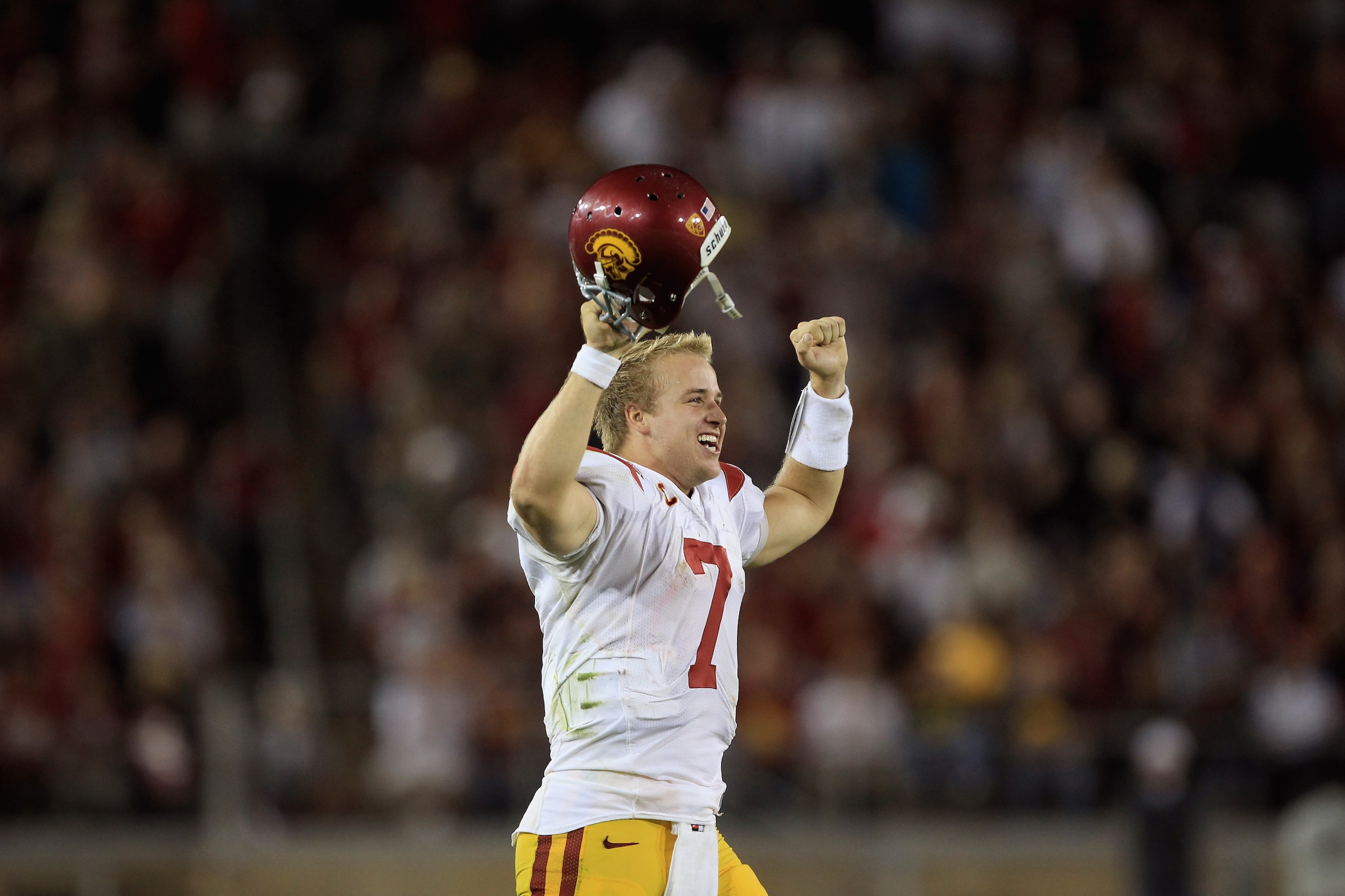 PALO ALTO, CA - OCTOBER 09:  Matt Barkley #7 of the USC Trojans after the Stanford Cardinal missed a extra point attempt at Stanford Stadium on October 9, 2010 in Palo Alto, California.  (Photo by Ezra Shaw/Getty Images)