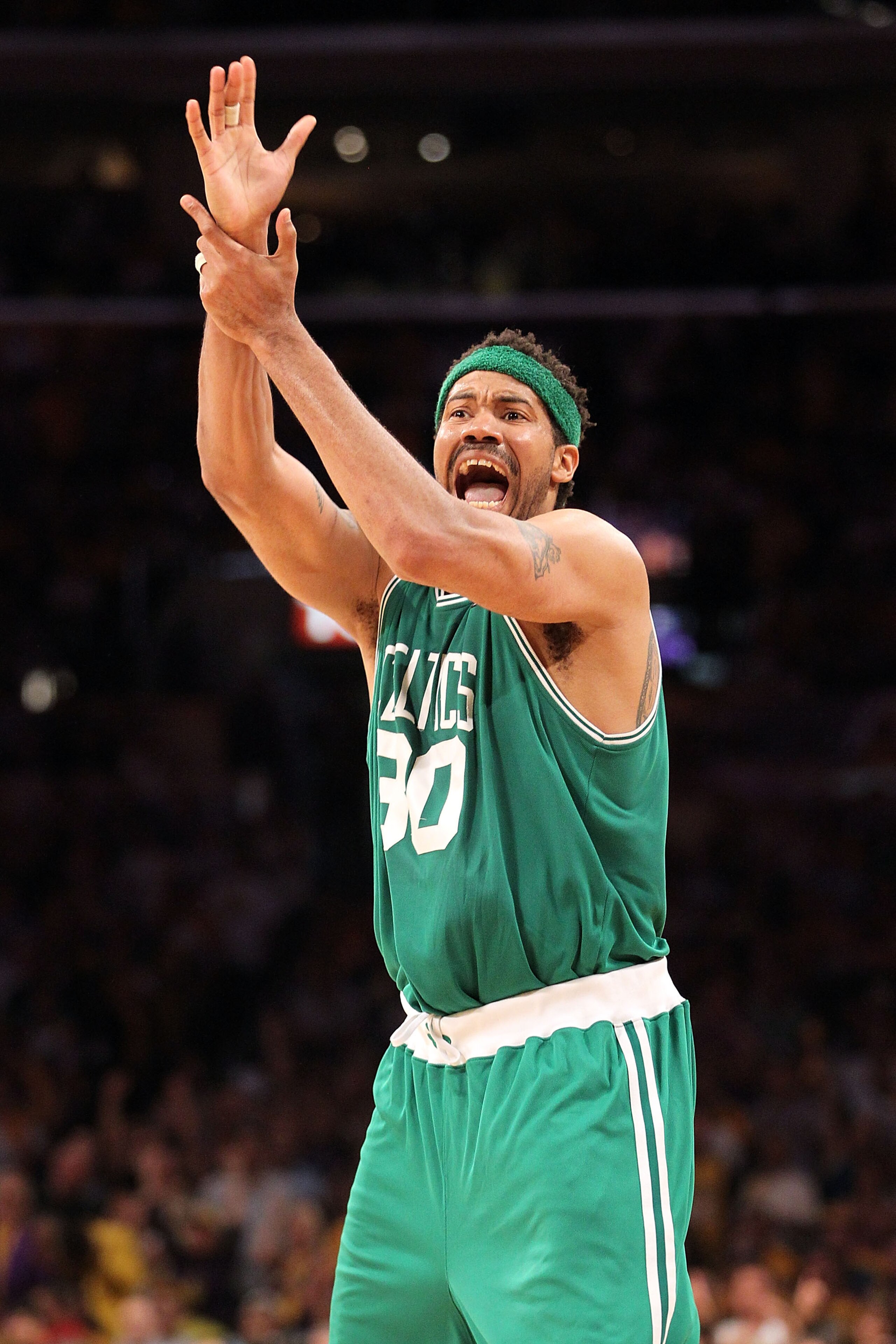 LOS ANGELES, CA - JUNE 17:  Rasheed Wallace #30 of the Boston Celtics reacts against the Los Angeles Lakers in Game Seven of the 2010 NBA Finals at Staples Center on June 17, 2010 in Los Angeles, California.  NOTE TO USER: User expressly acknowledges and